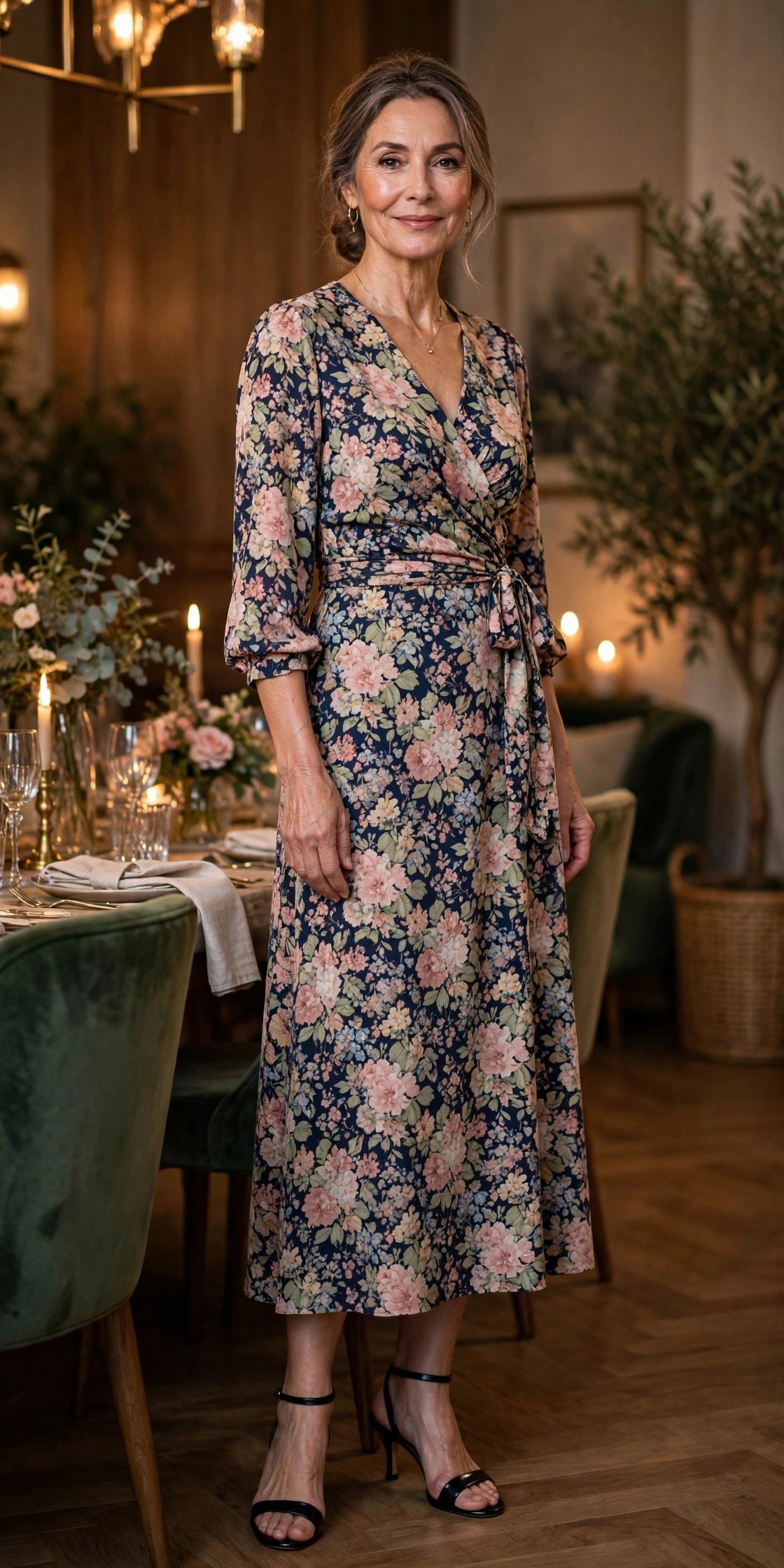 Woman in a floral wrap midi dress