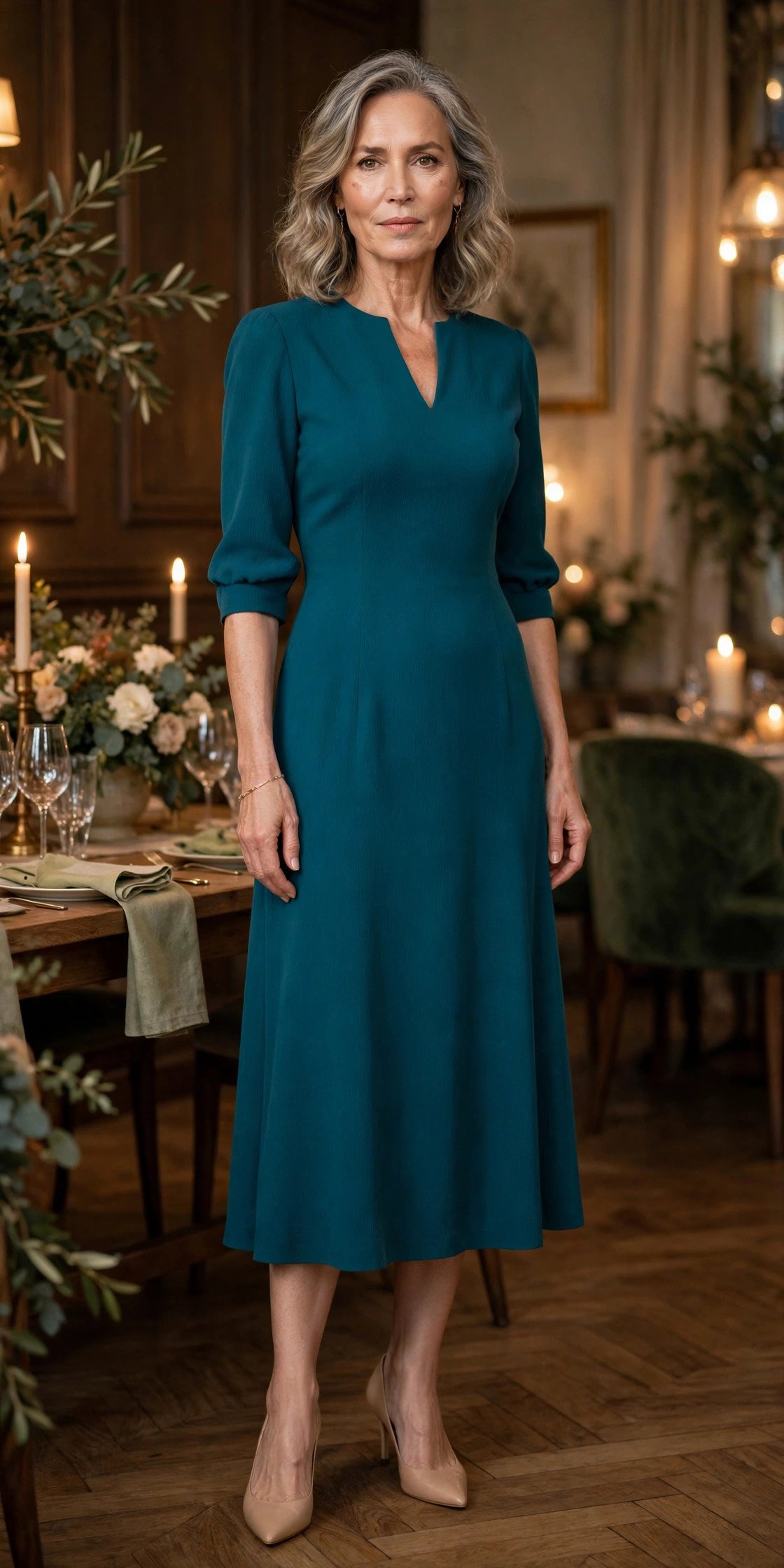 Woman in a teal crepe midi dress