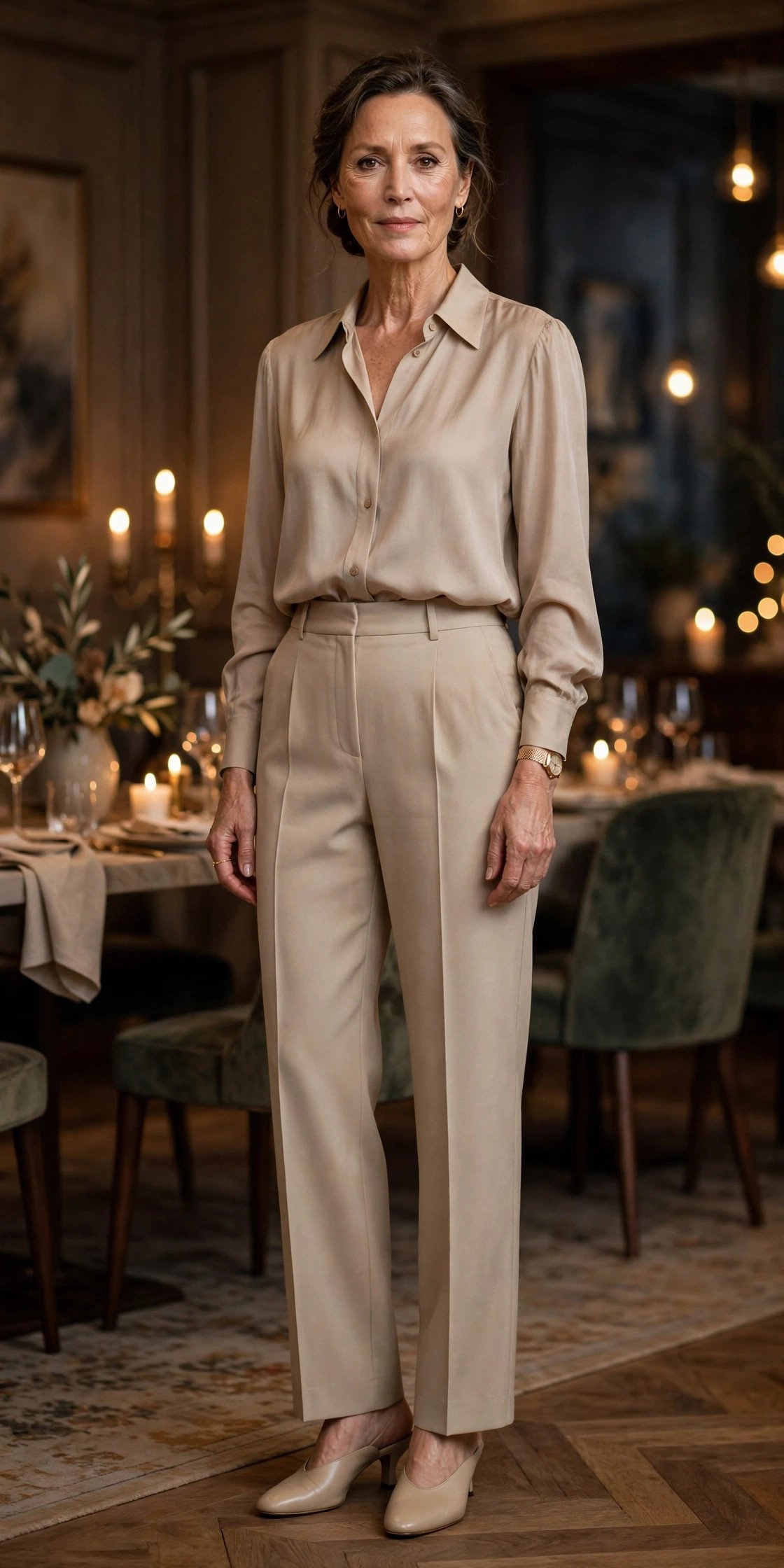 Woman in a beige monochrome outfit