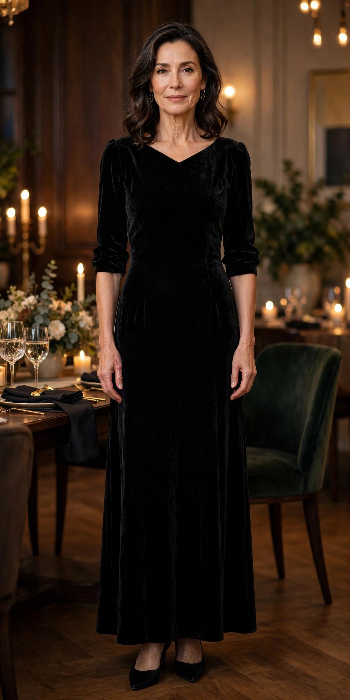 Woman in a black velvet maxi dress