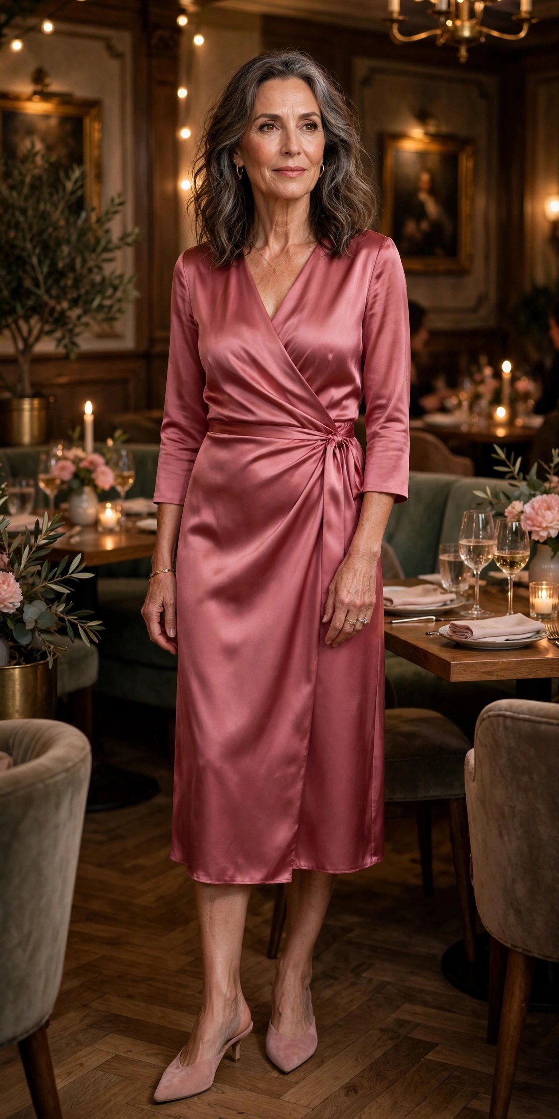 Woman in a rose satin wrap dress