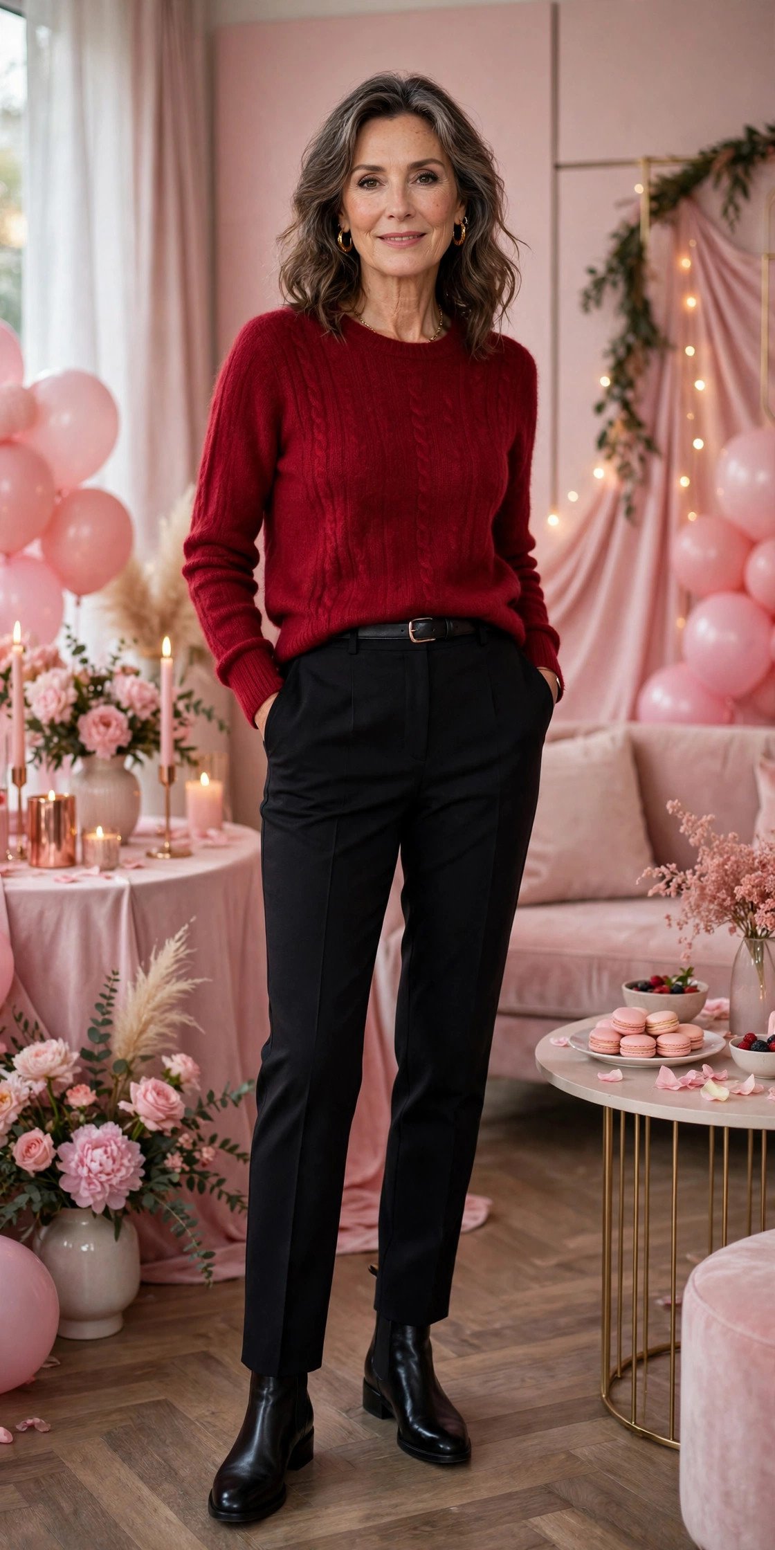 Ruby cashmere sweater with black tailored trousers