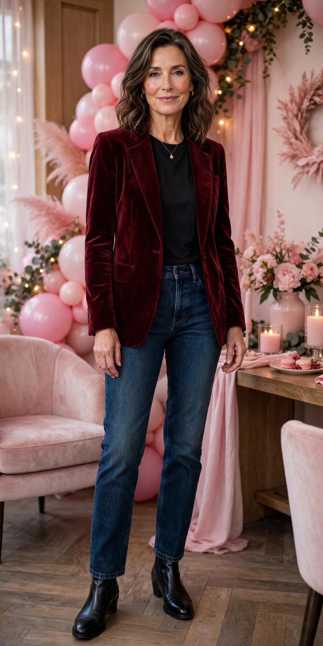 Burgundy velvet blazer with dark denim jeans