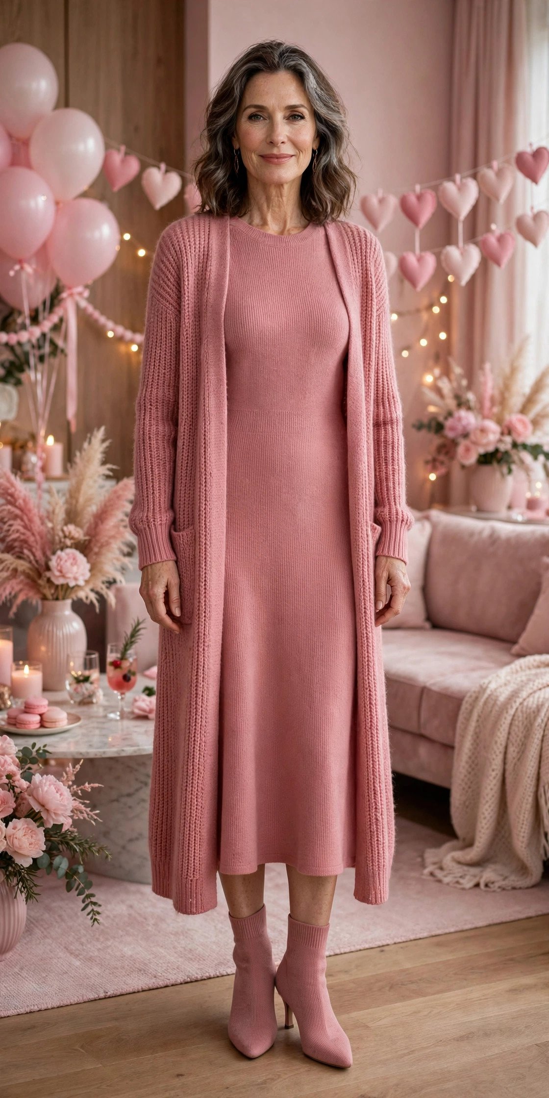 Rose knit dress with longline cardigan