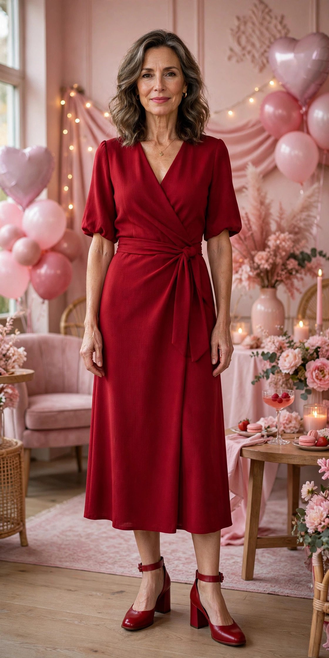 Crimson midi wrap dress with block heels