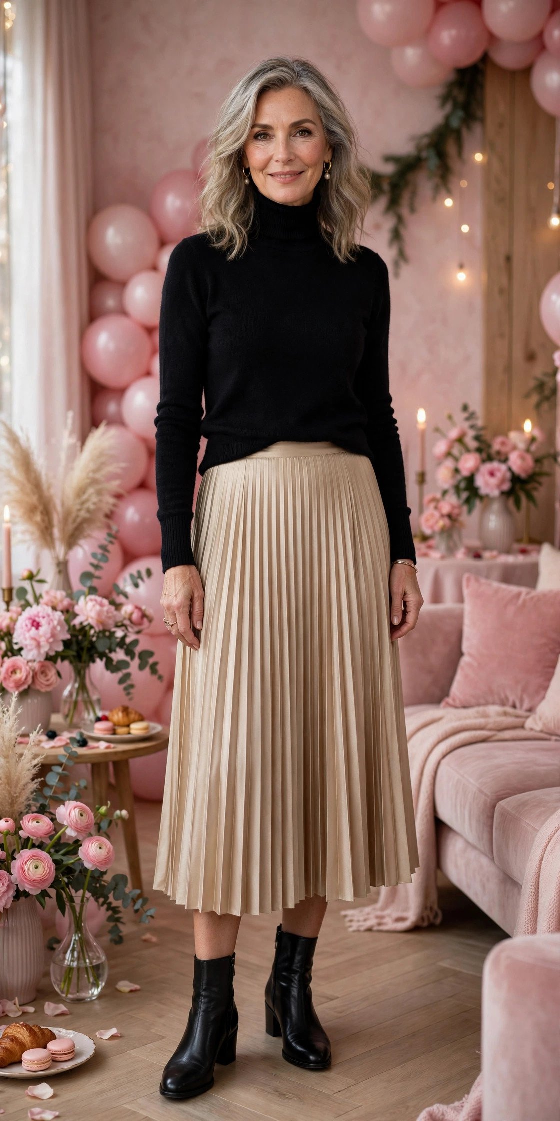 Champagne pleated skirt with black turtleneck