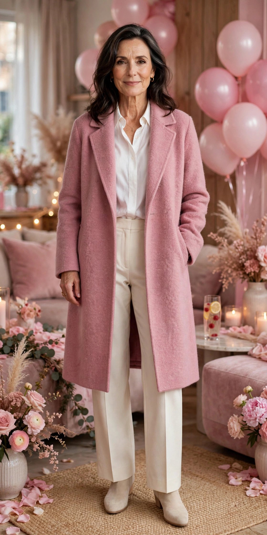 Dusty pink wool coat over white shirt and trousers