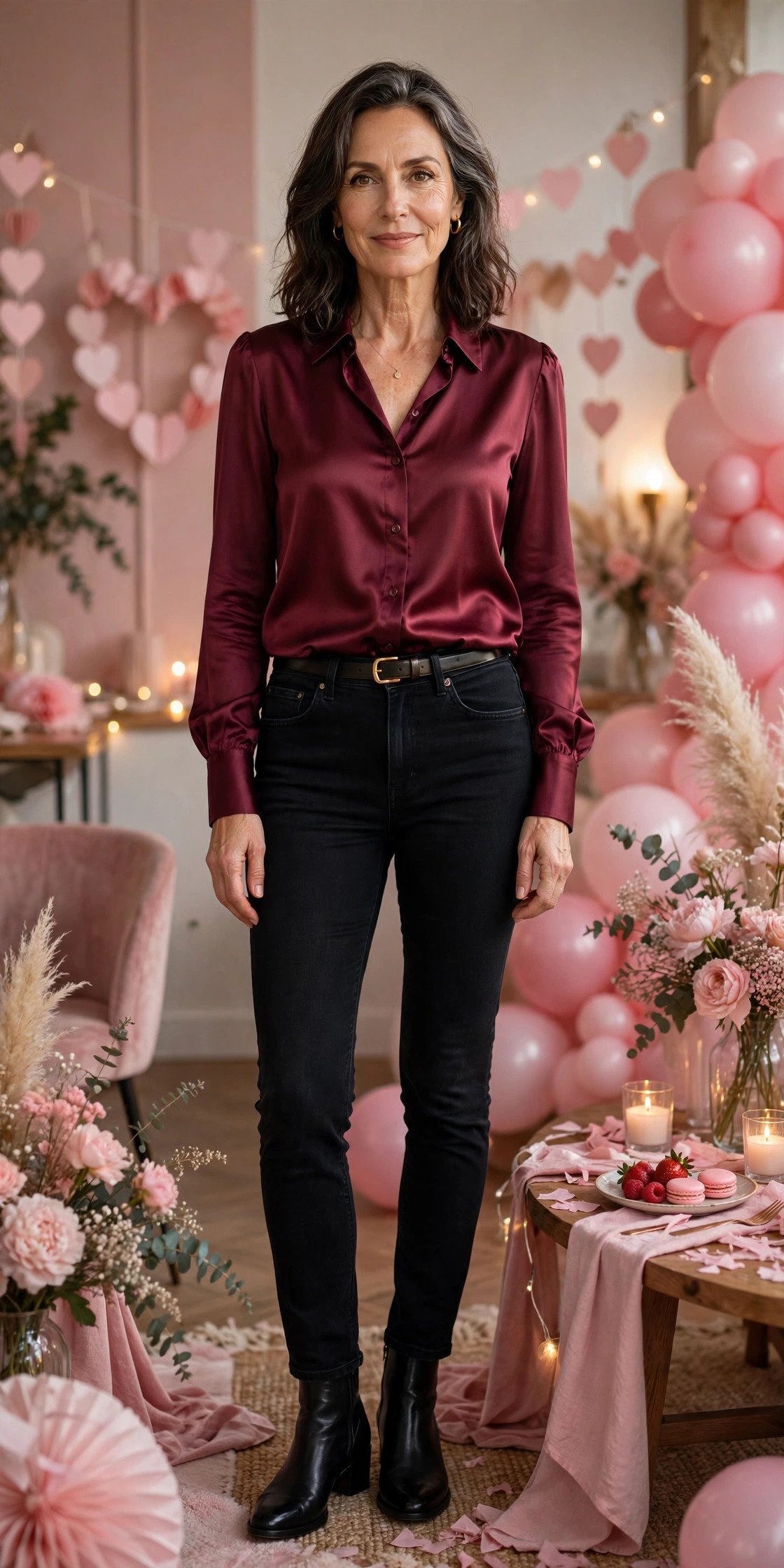Wine satin blouse with high-rise black jeans