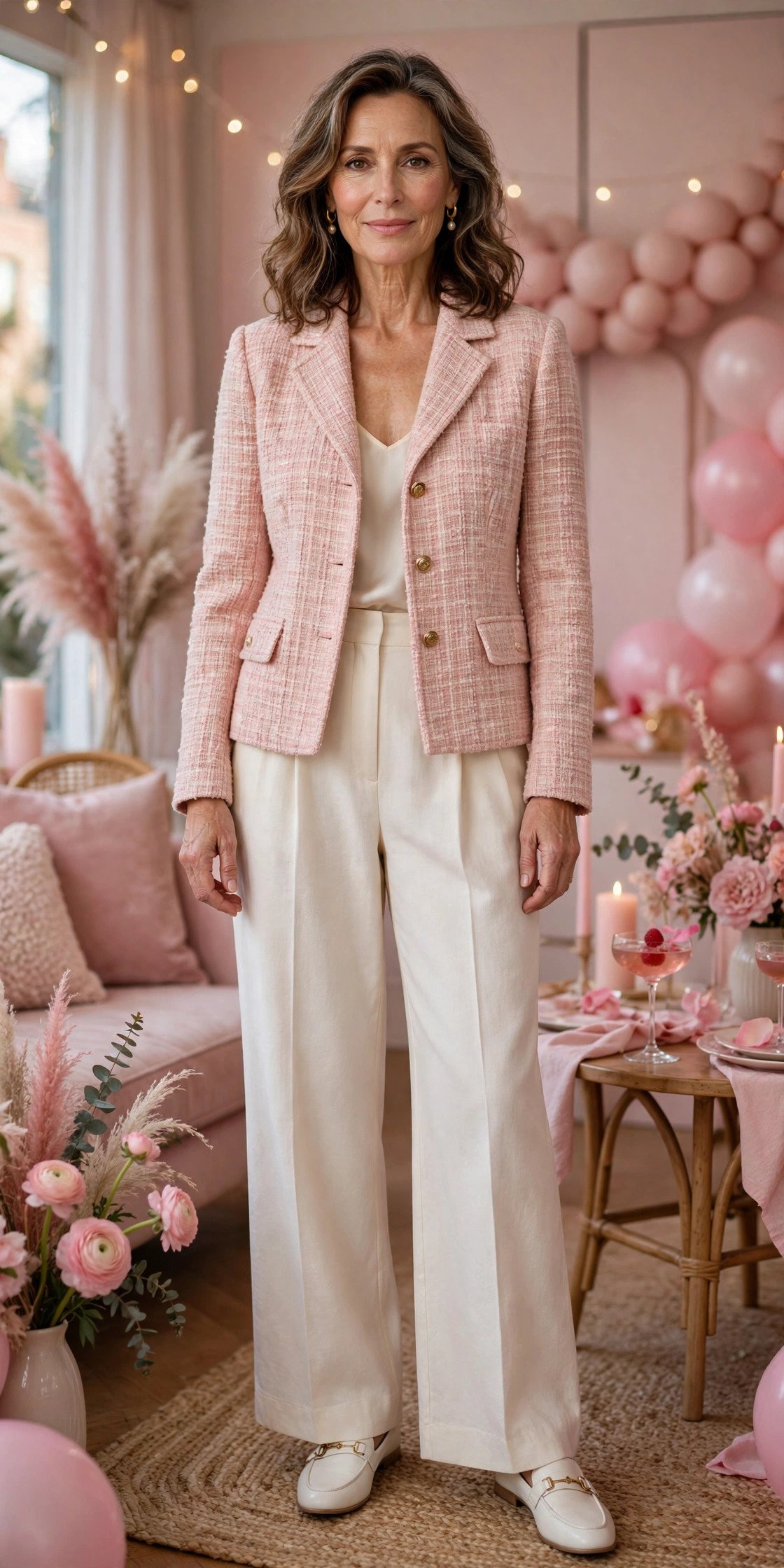 Blush tweed jacket with cream wide-leg pants
