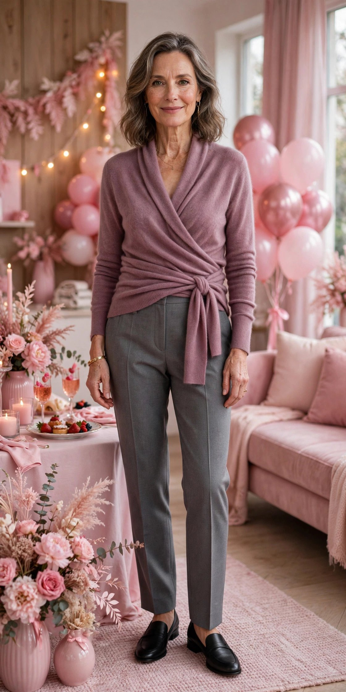 Mauve cashmere wrap top with tailored gray trousers