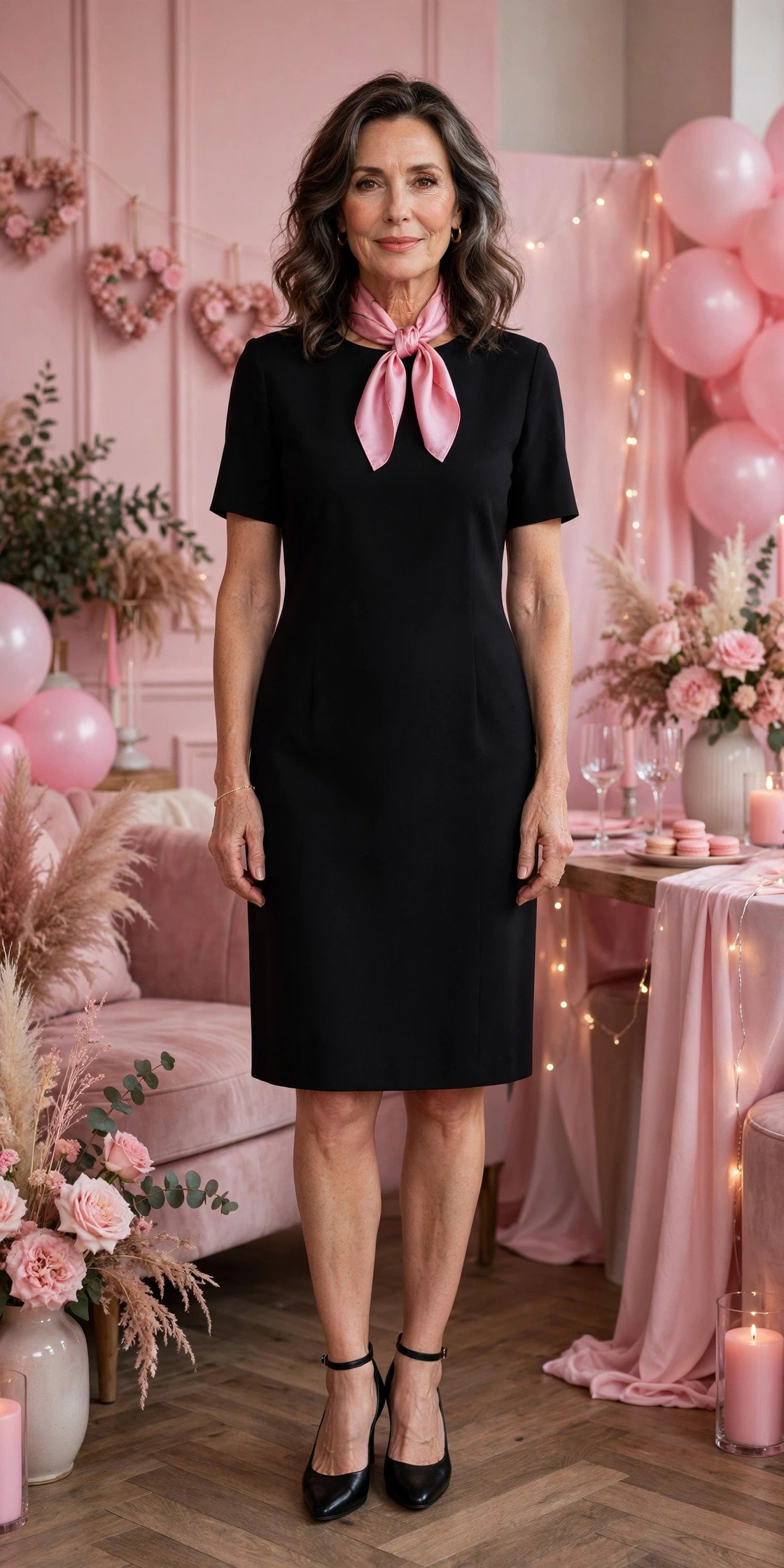 Black shift dress with pink silk scarf