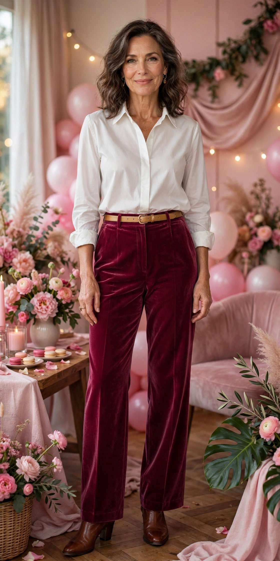 Berry velvet trousers with ivory blouse