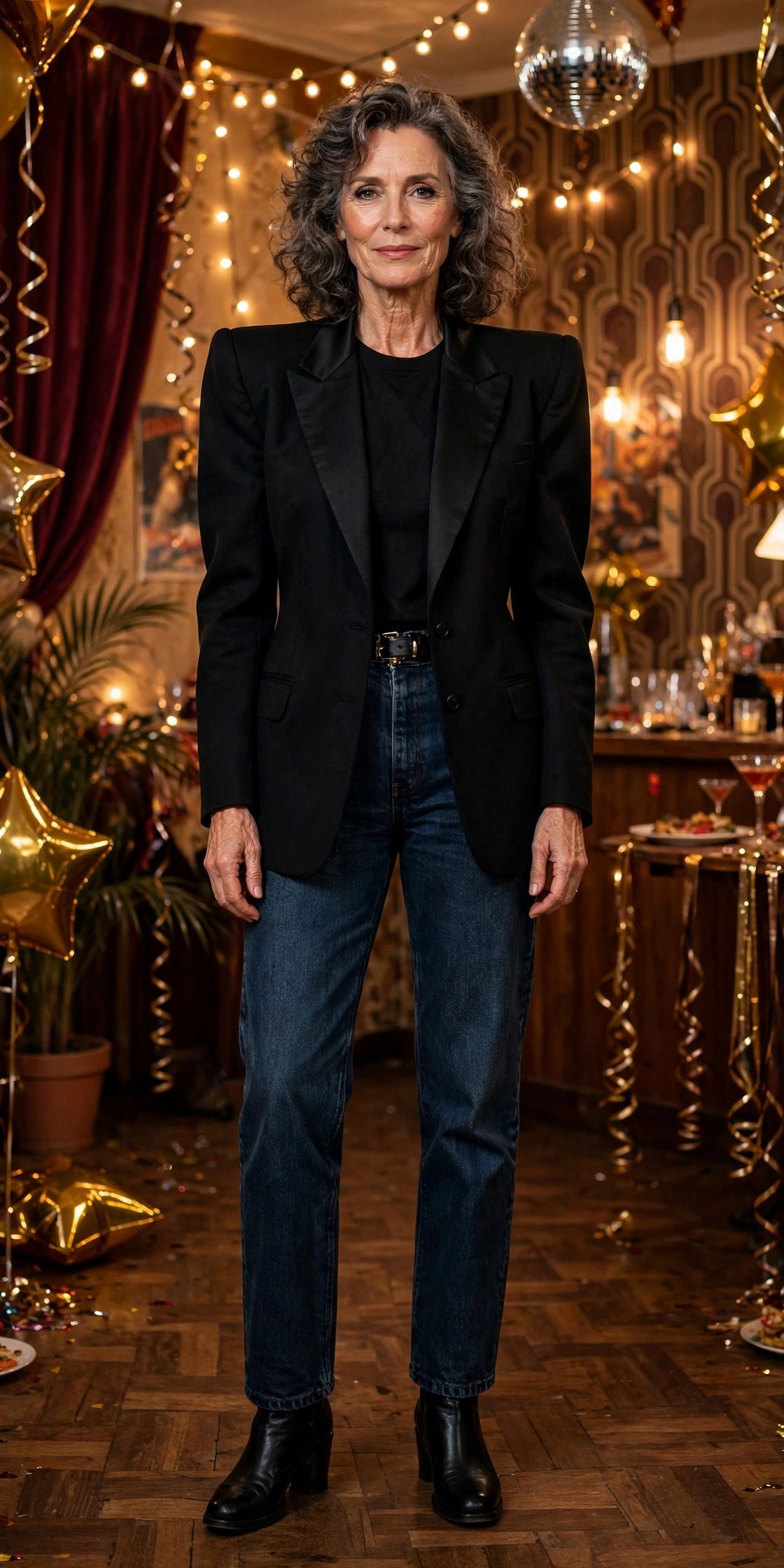 Mature woman in blazer and dark jeans