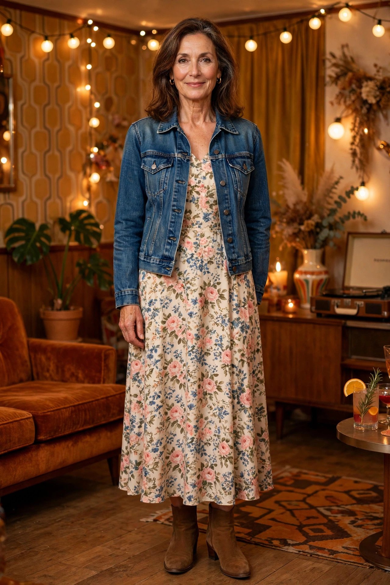 Woman in denim jacket over floral dress