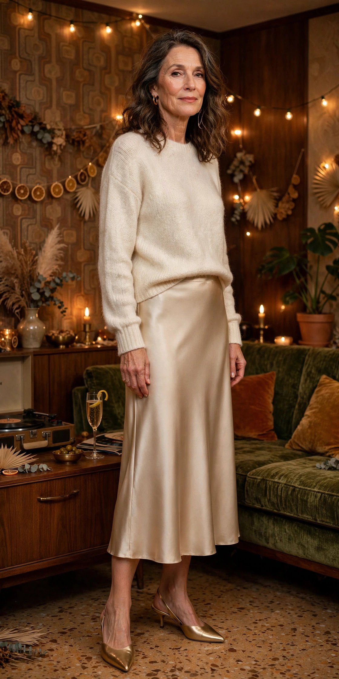 Mature woman in satin skirt and soft sweater