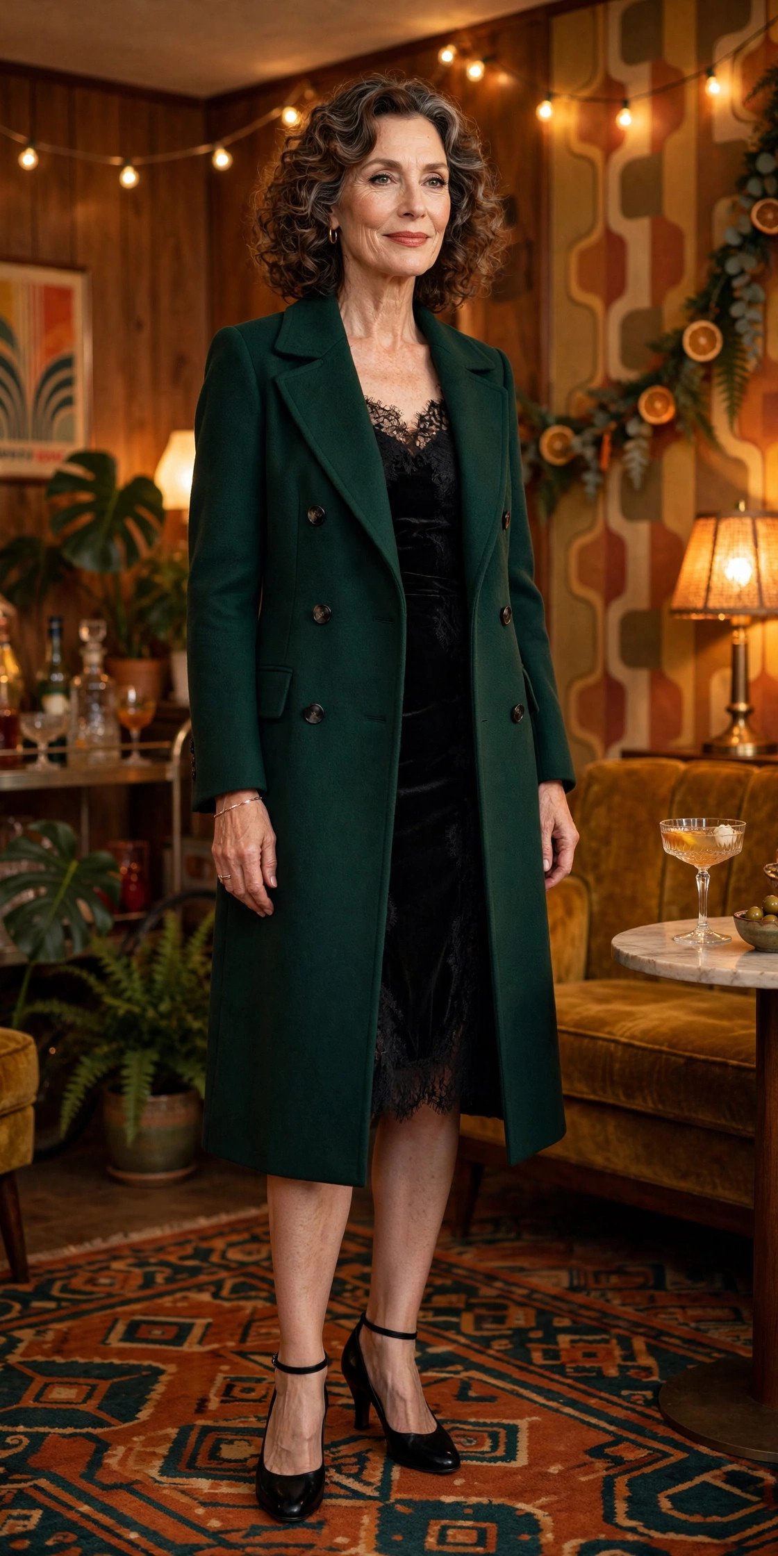 Mature woman in coat over cocktail dress