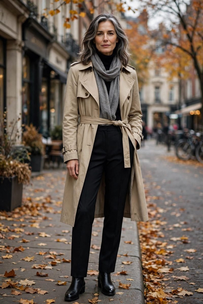 Trench coat with cashmere scarf fall outfit