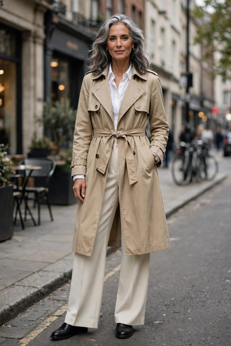 Classic trench coat worn over a monochrome base