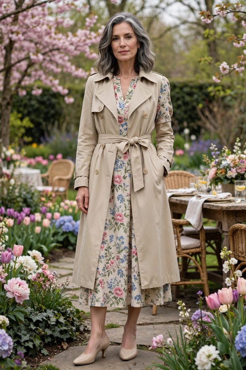 Trench coat with floral midi dress spring look