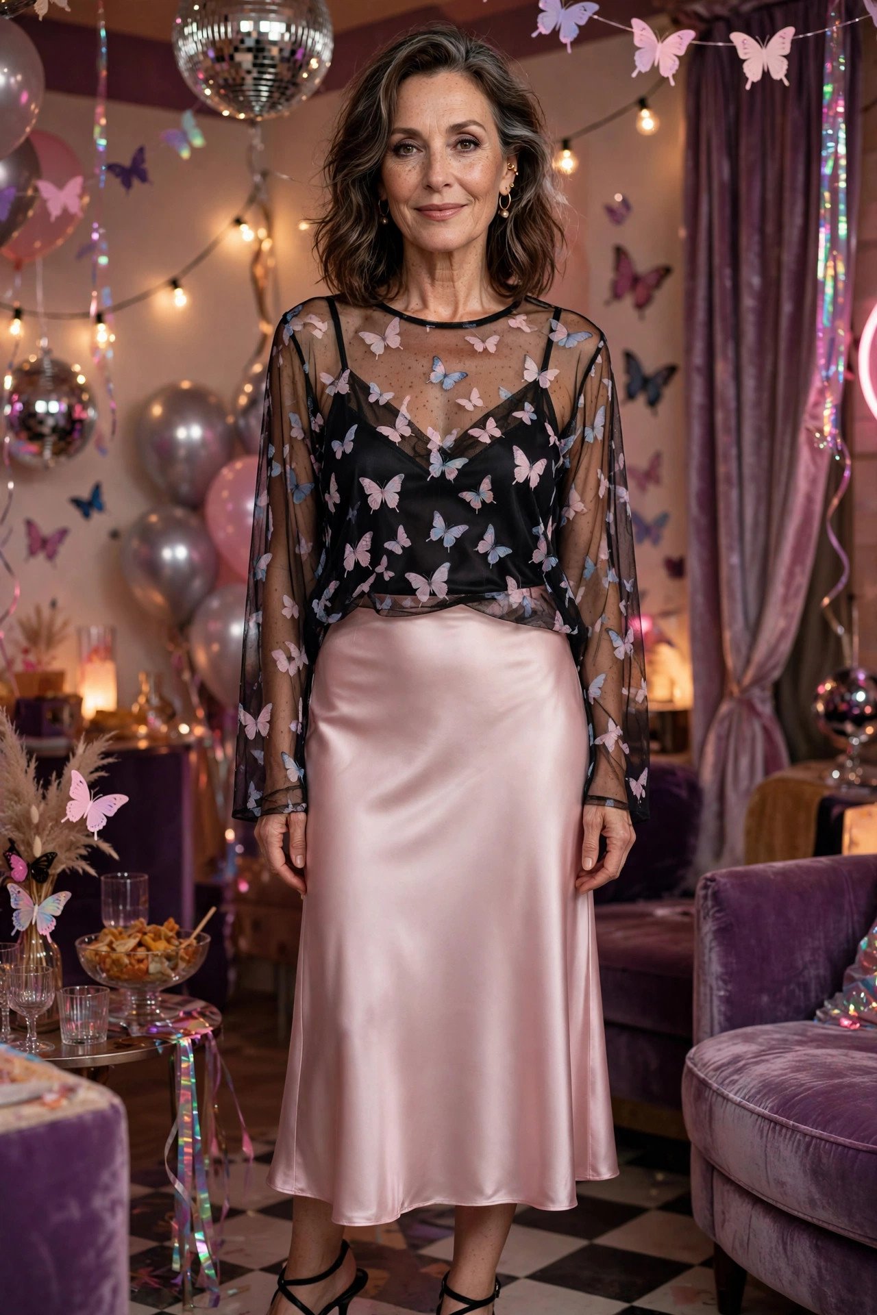 Butterfly print mesh top with satin slip skirt