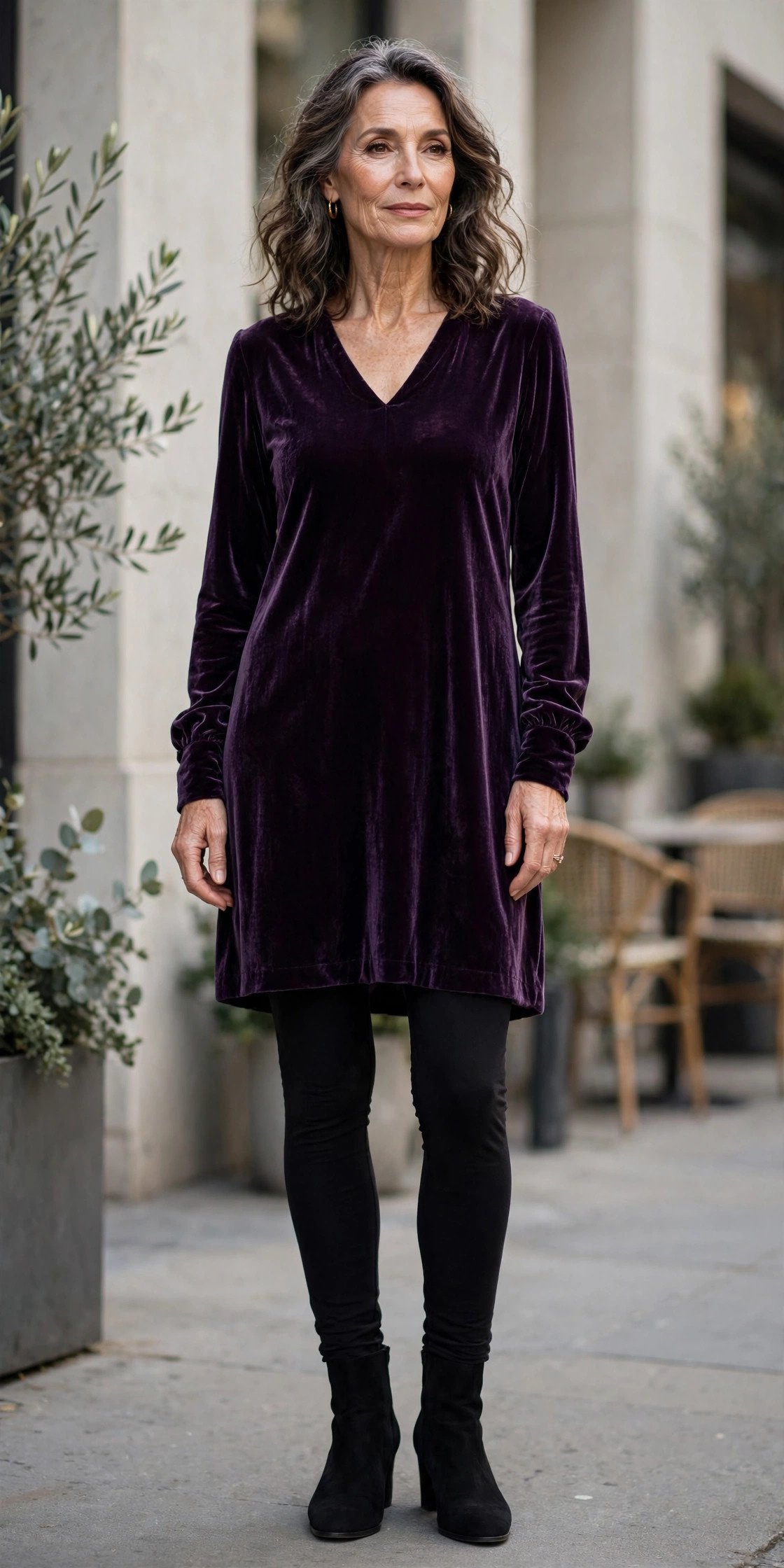 Velvet tunic over black leggings