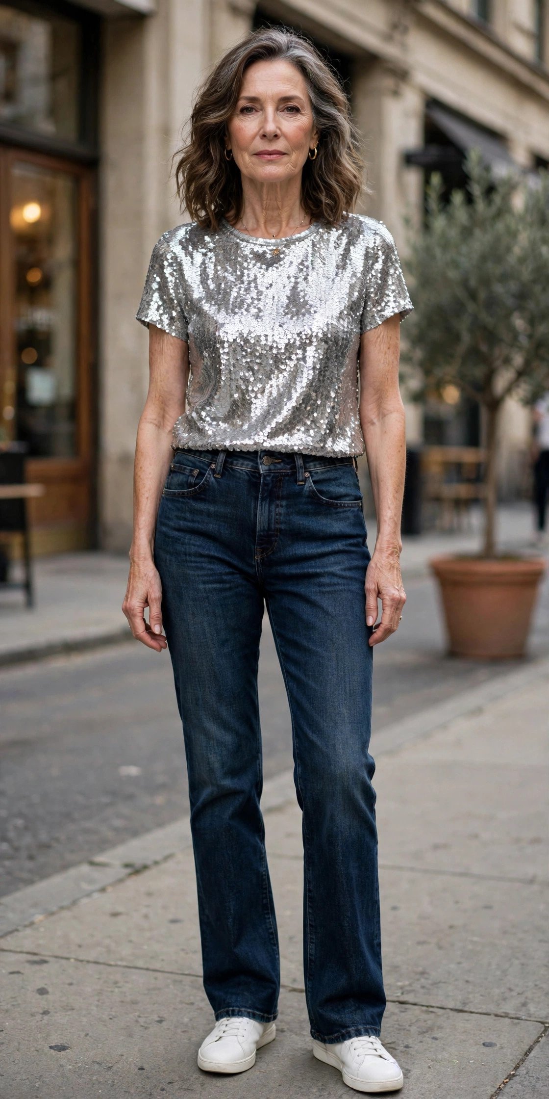 Sequin top with dark jeans