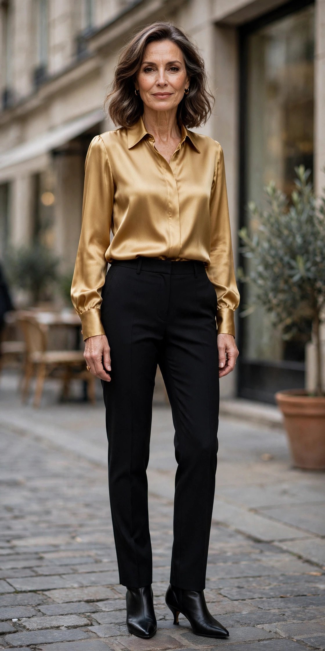 Gold blouse with black trousers