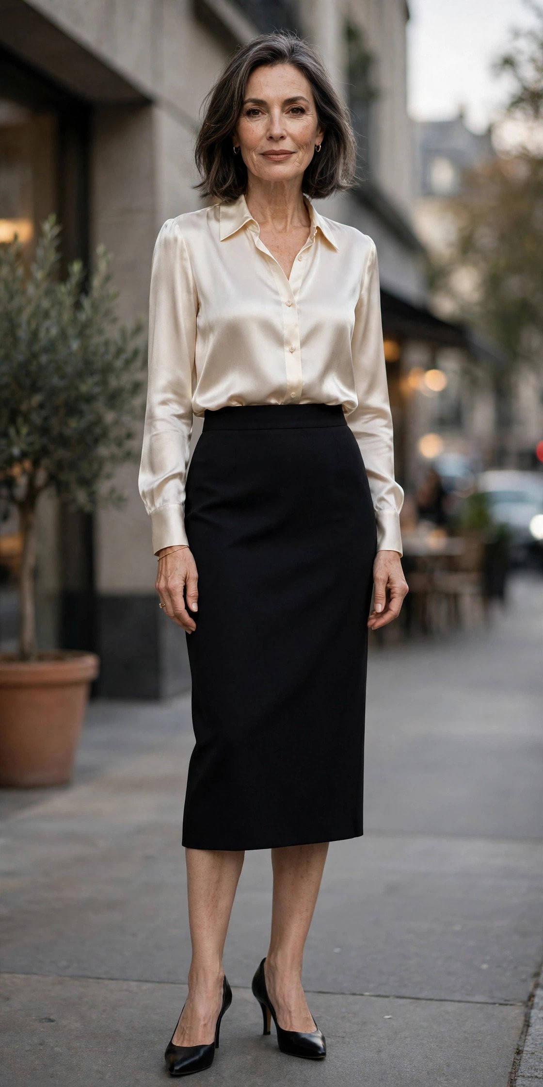 Satin blouse with pencil skirt