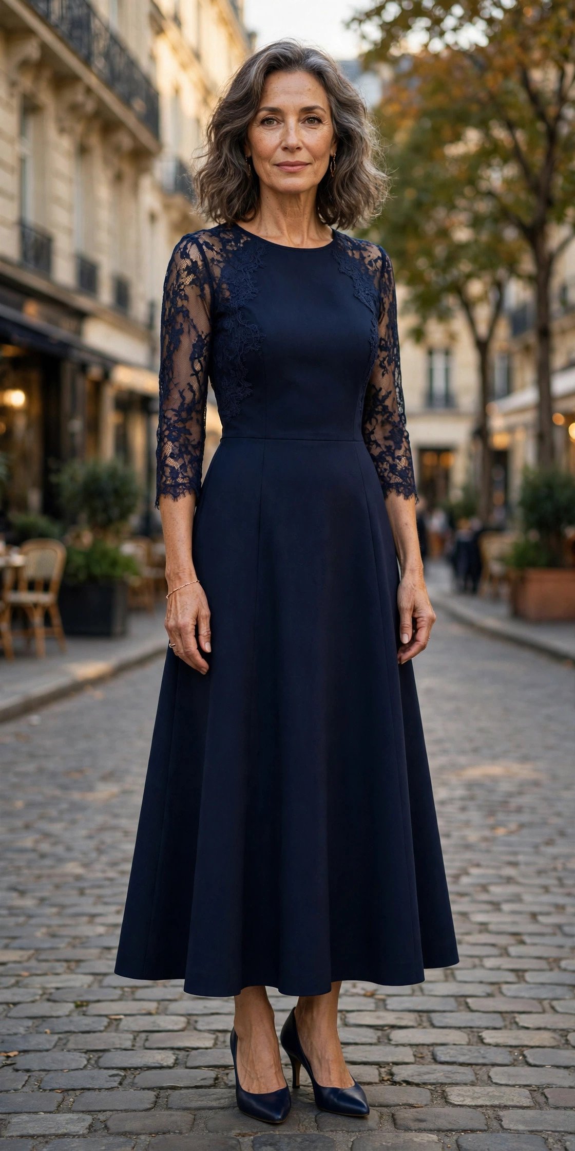 Navy fit-and-flare dress with lace sleeves