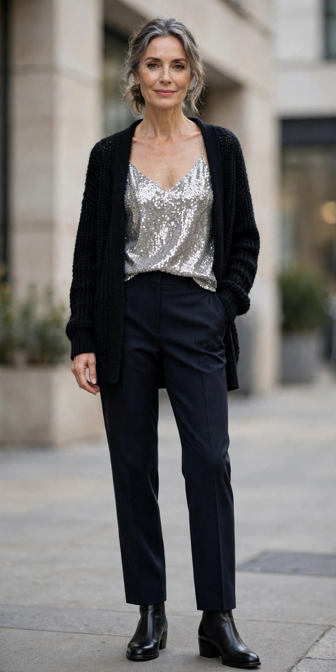 Black cardigan over sequin cami