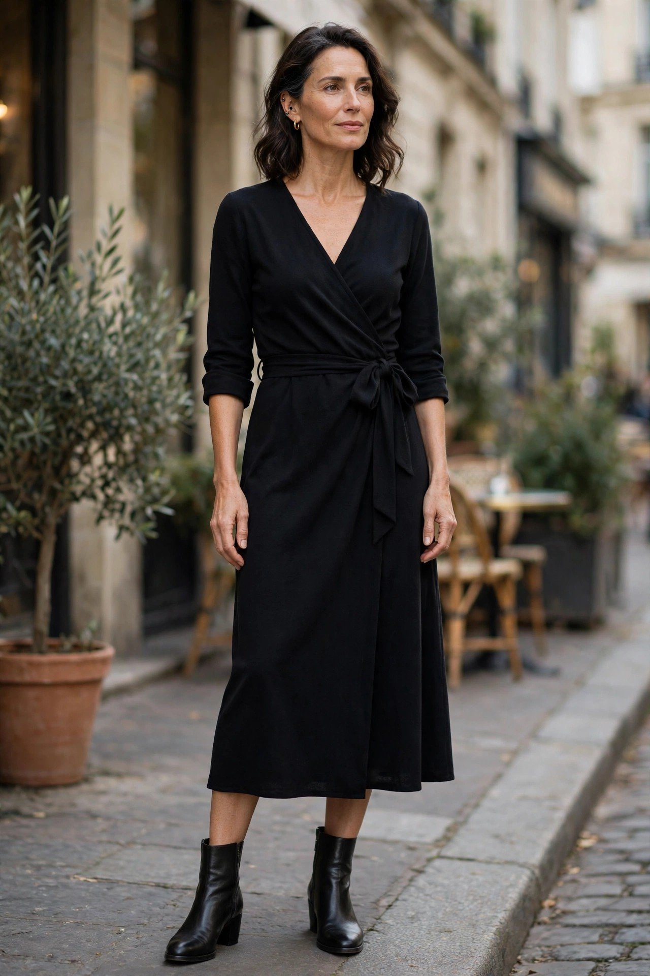 Mature woman in black wrap midi dress
