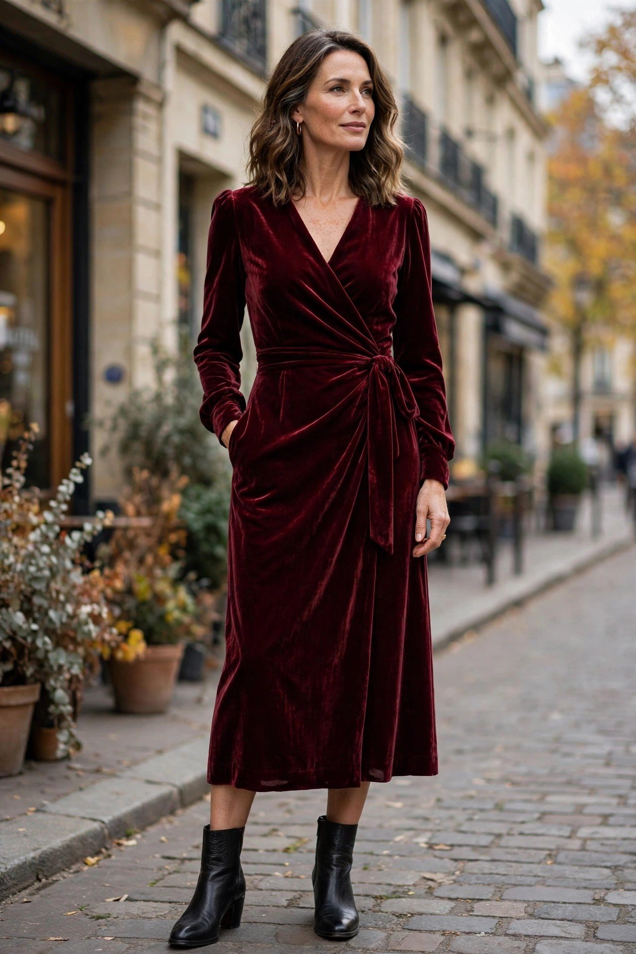 Woman in burgundy velvet midi dress