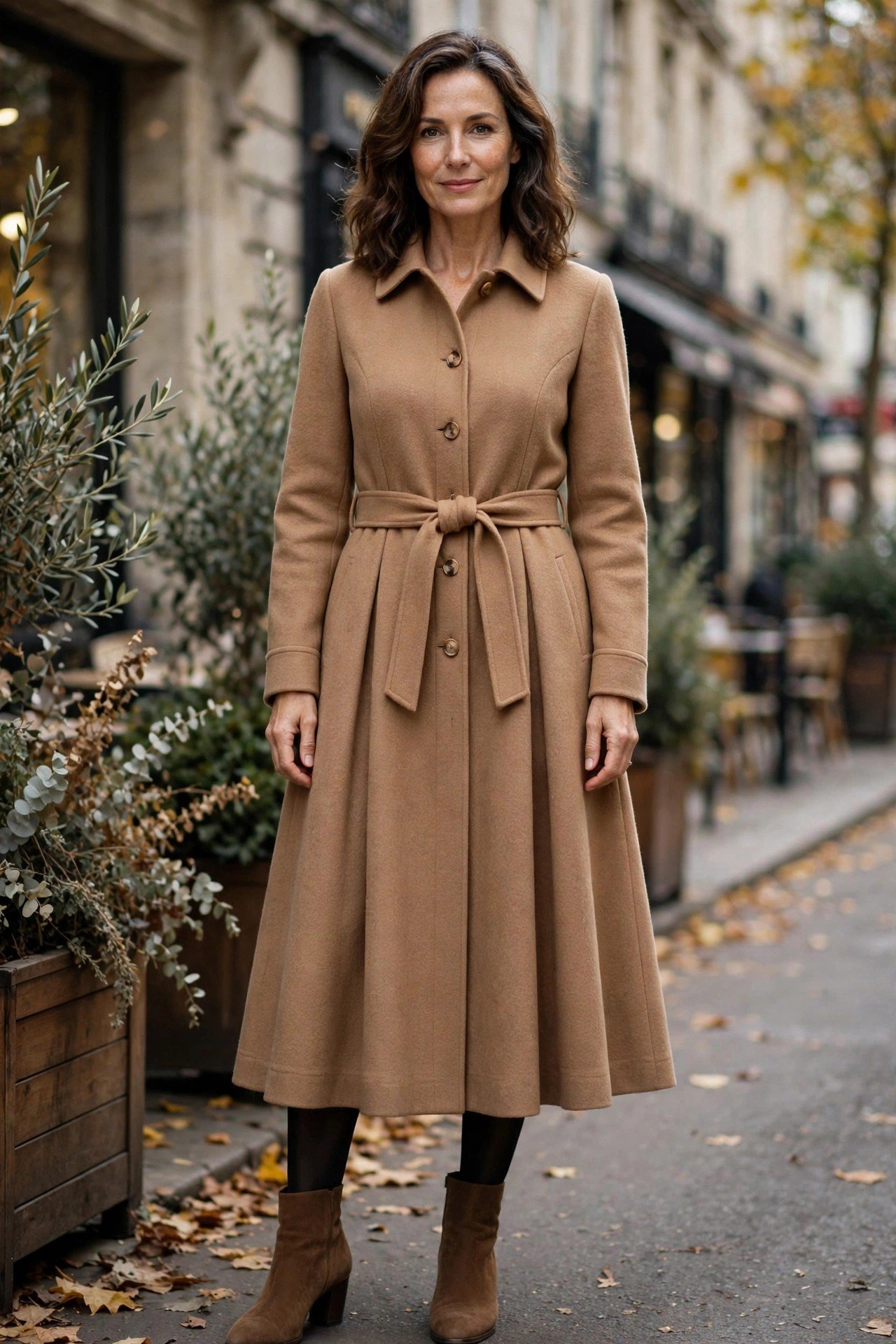 Woman in camel wool coat dress