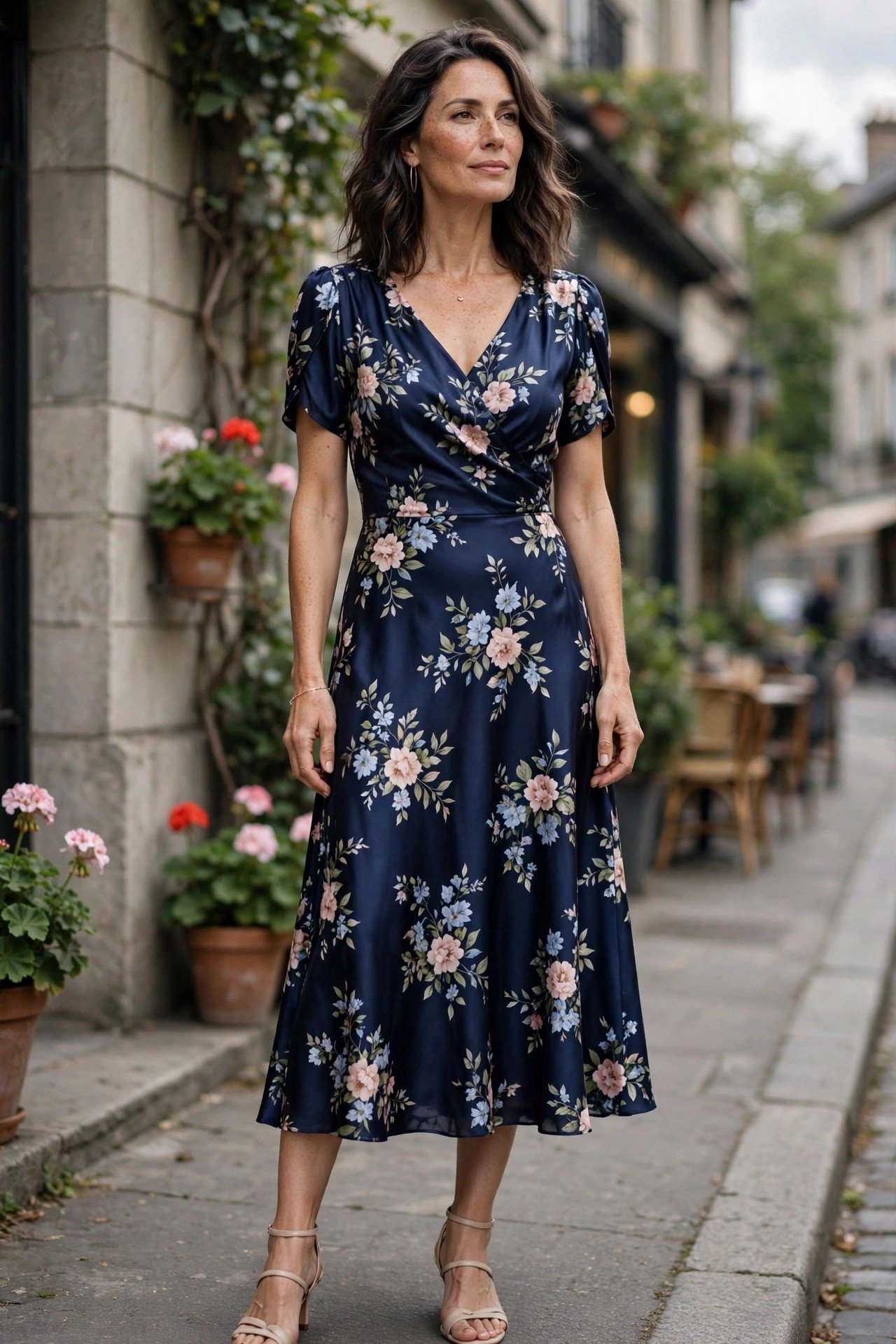 Woman in navy floral silk midi dress