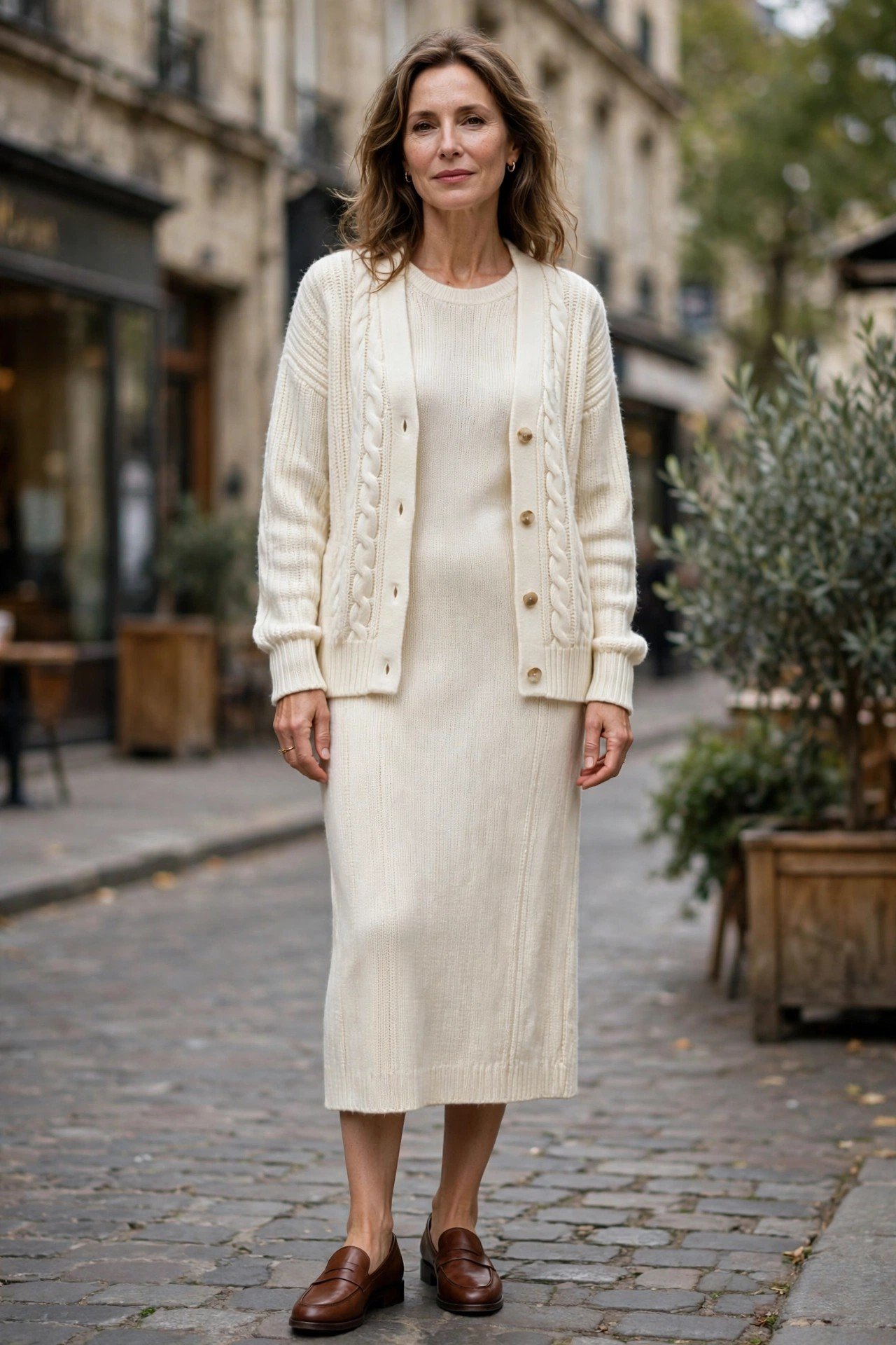 Woman in ivory knit midi dress
