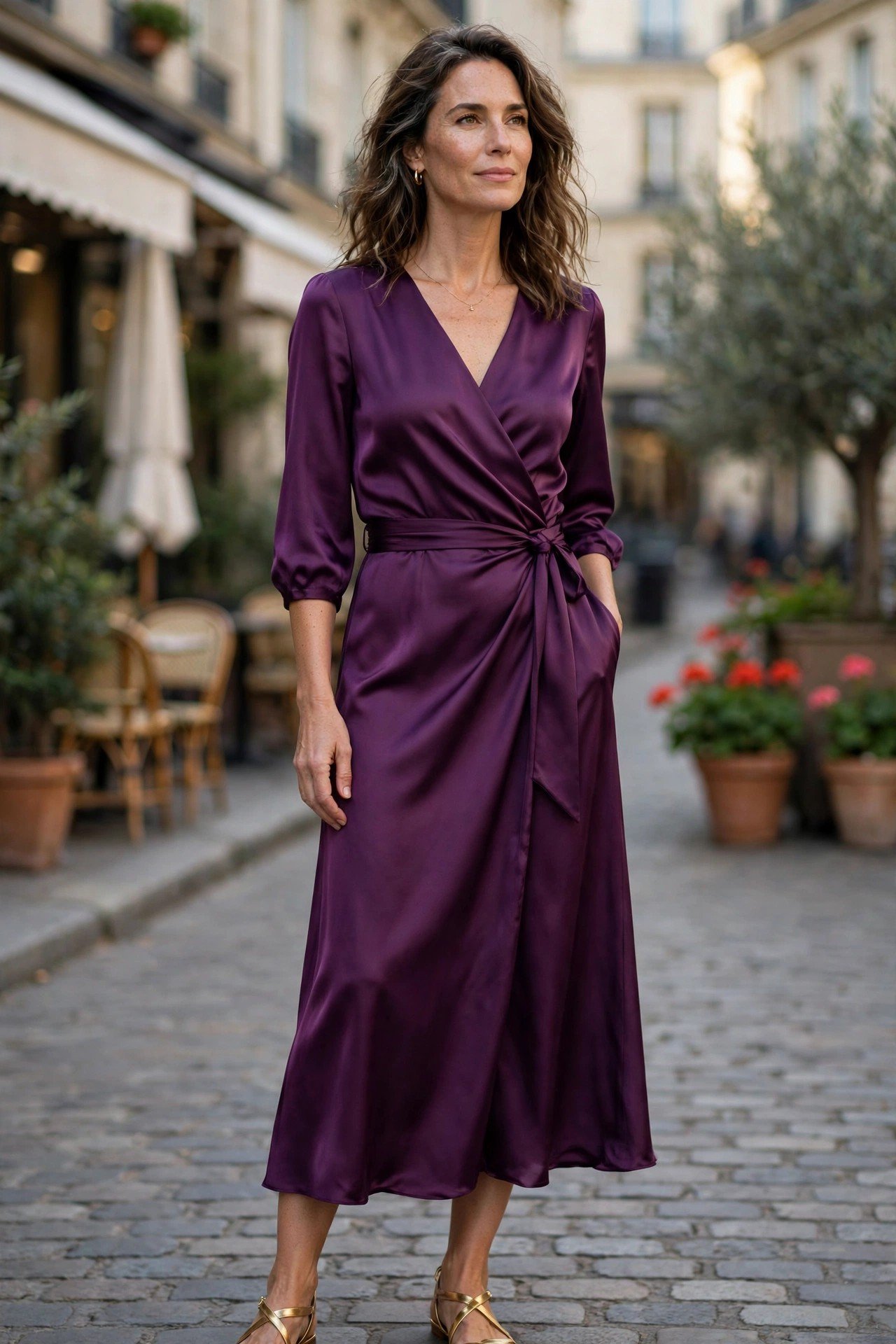 Woman in plum satin wrap dress