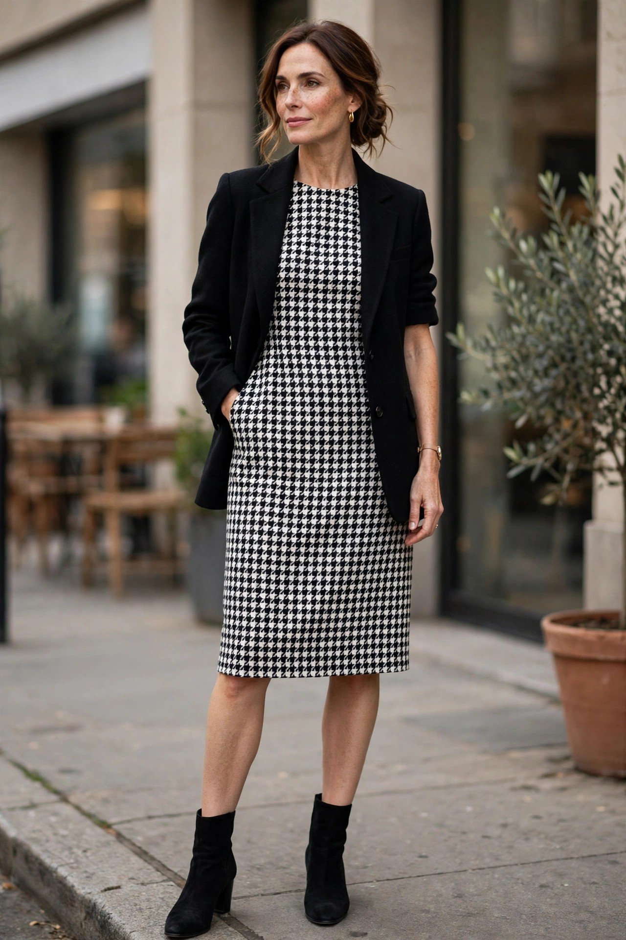 Woman in houndstooth dress with black blazer