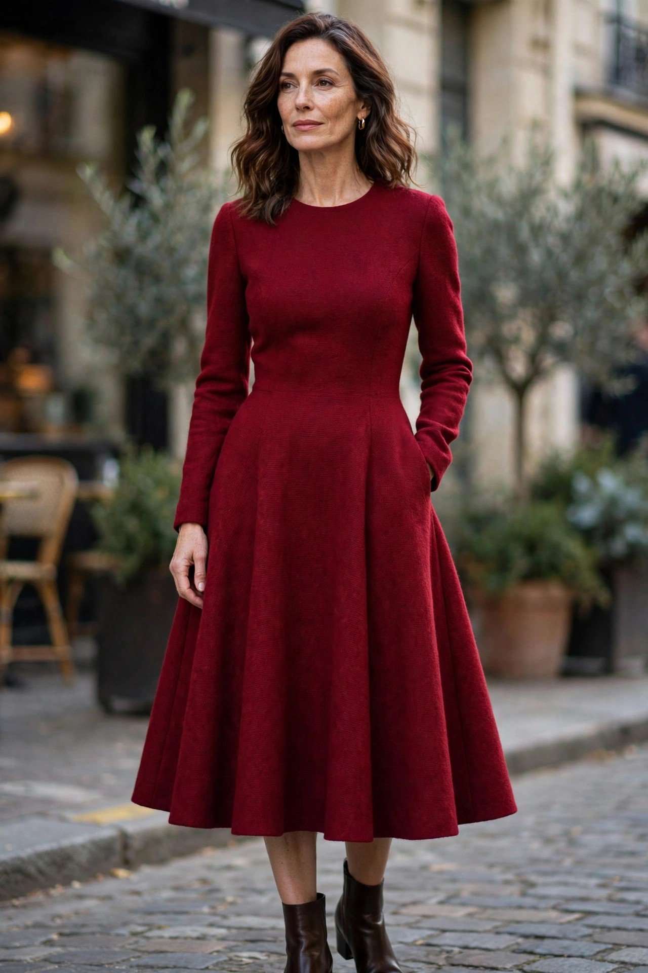 Woman in deep red wool fit and flare dress