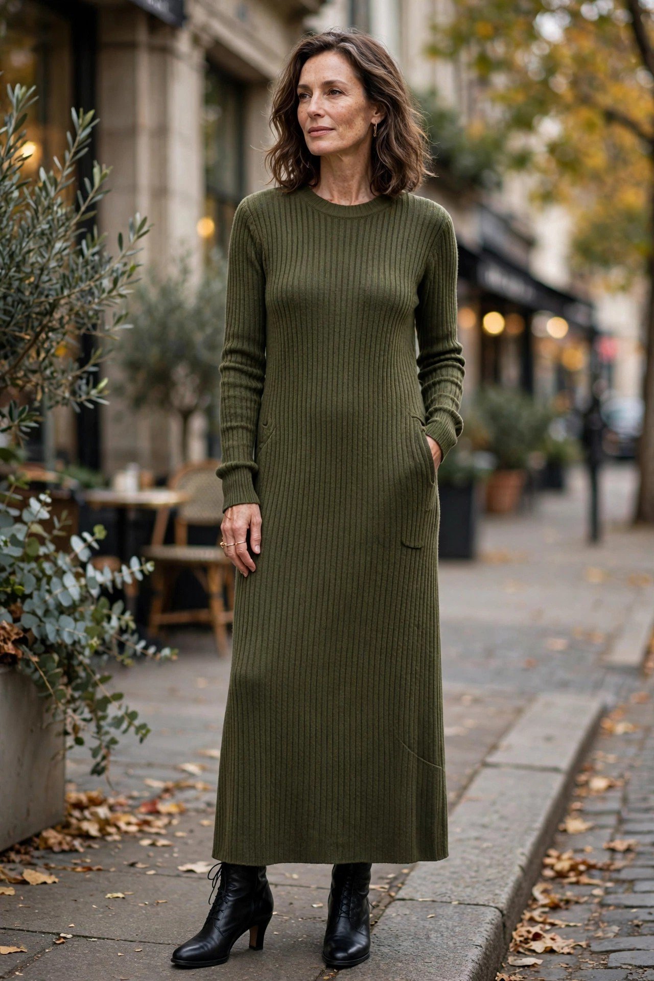 Woman in olive ribbed knit dress