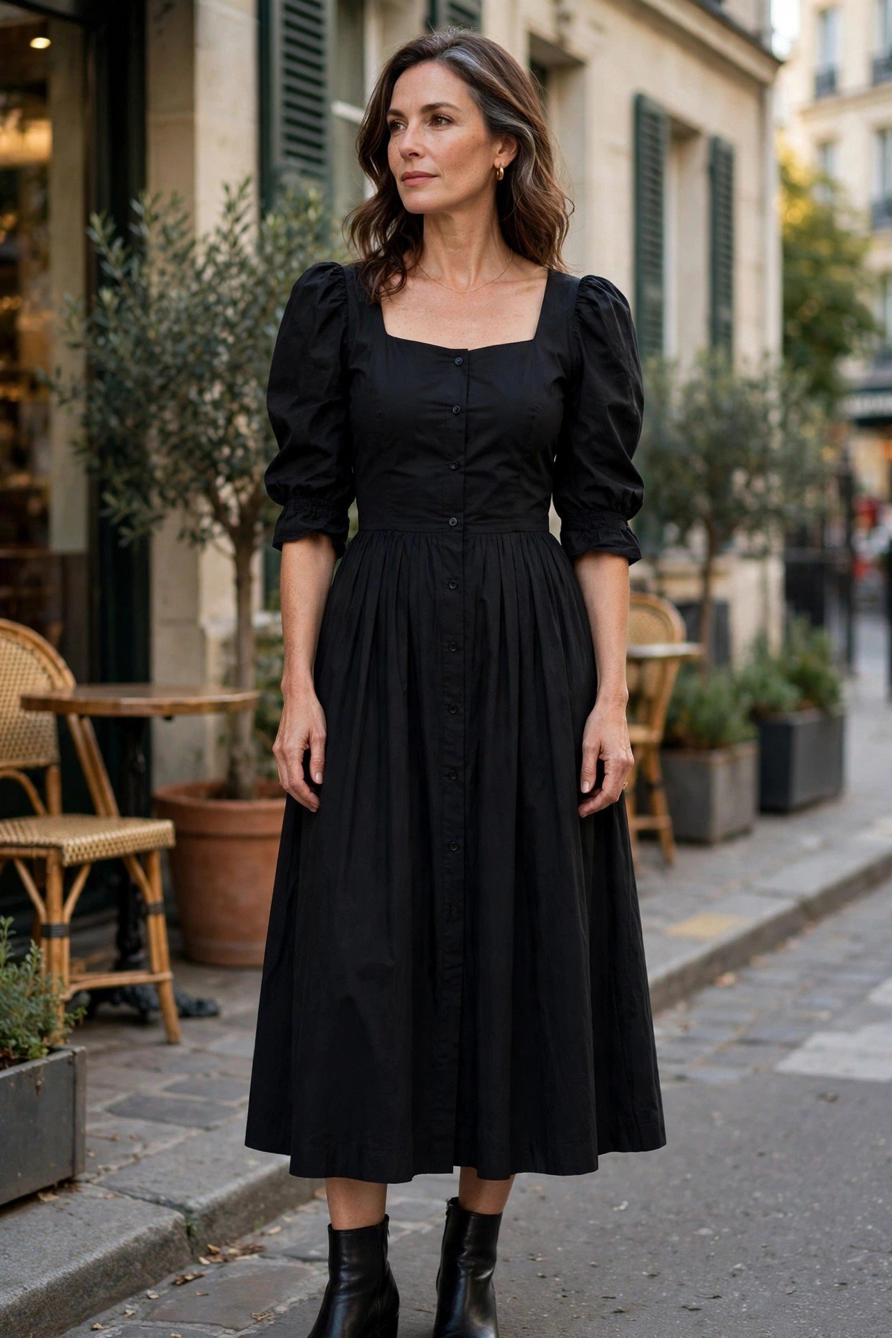 Woman in black puff sleeve midi dress