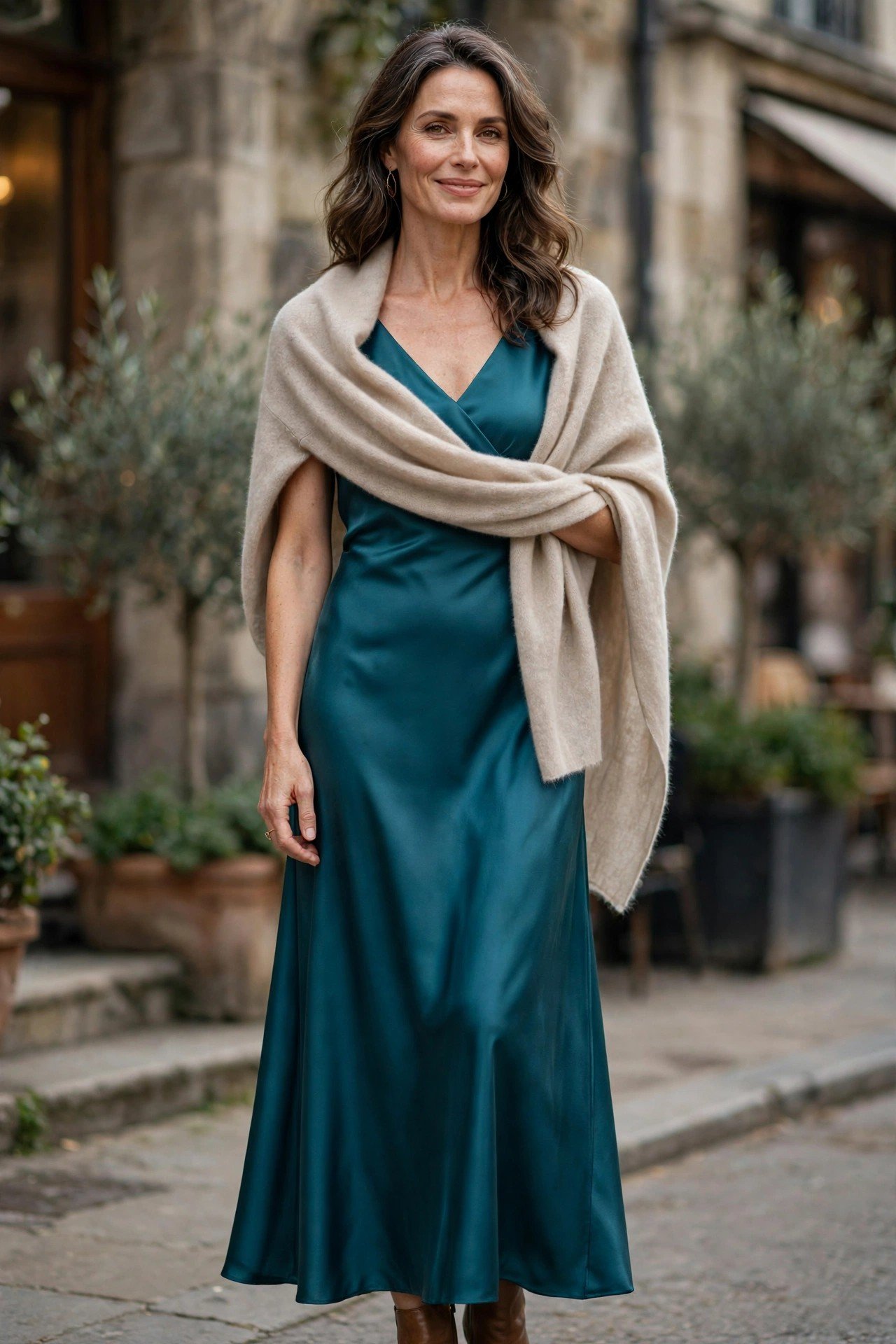 Woman in teal satin dress with wrap