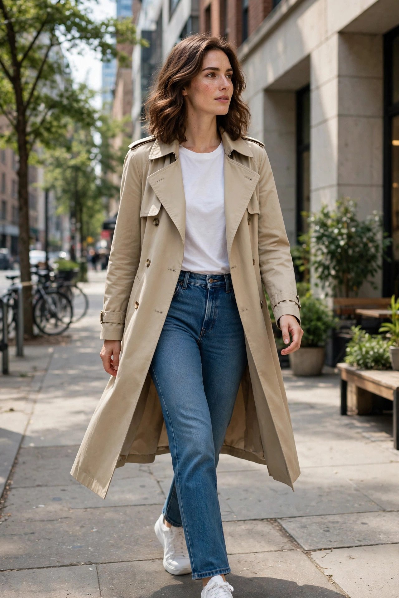 Woman wearing beige trench coat over casual outfit on a city street