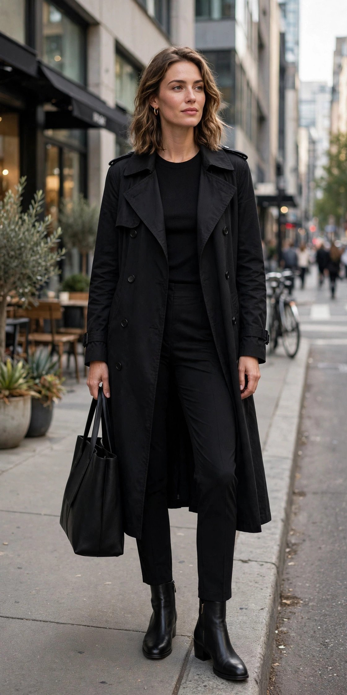 Woman in long black trench coat standing on sidewalk