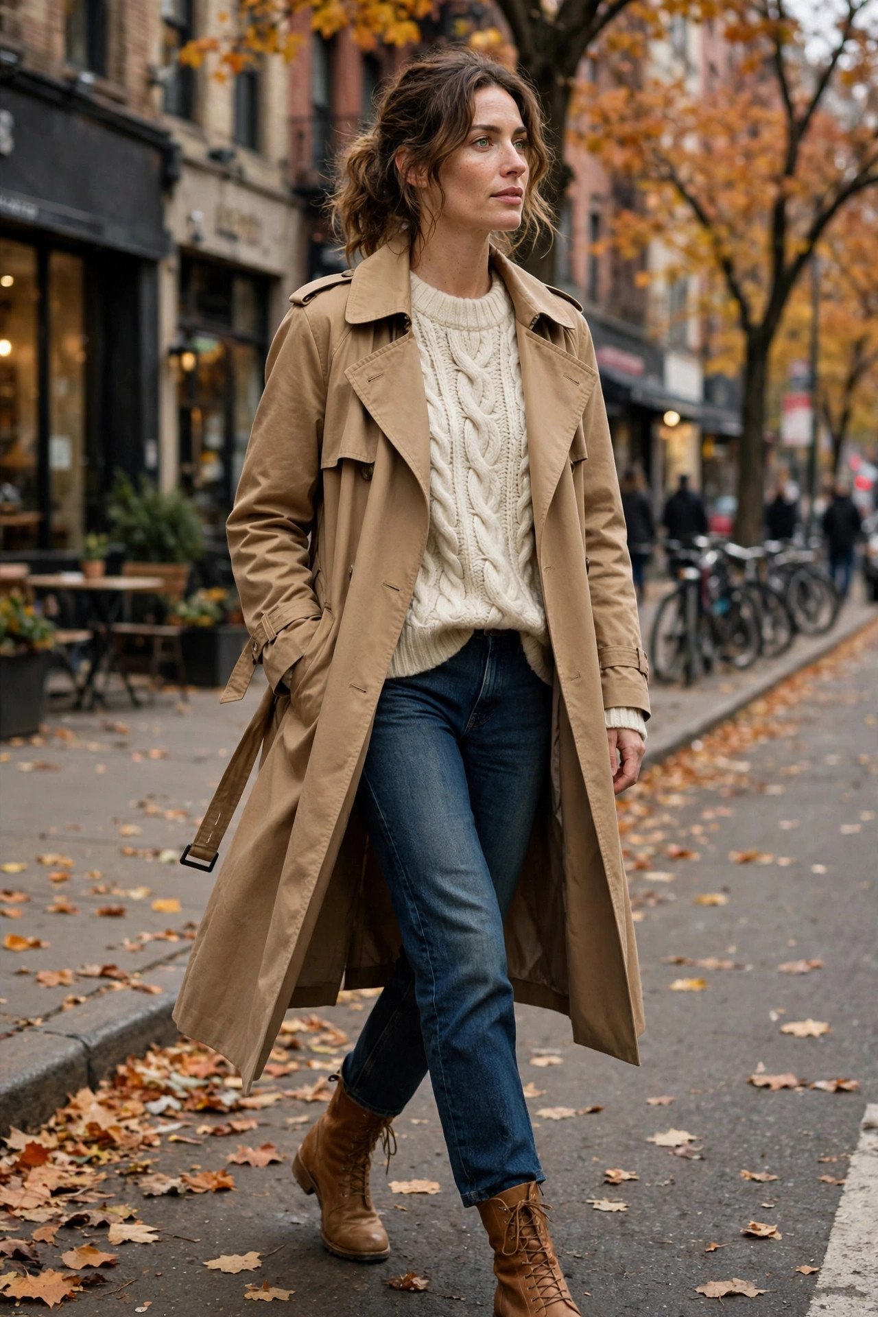 Woman in camel trench coat autumn outfit
