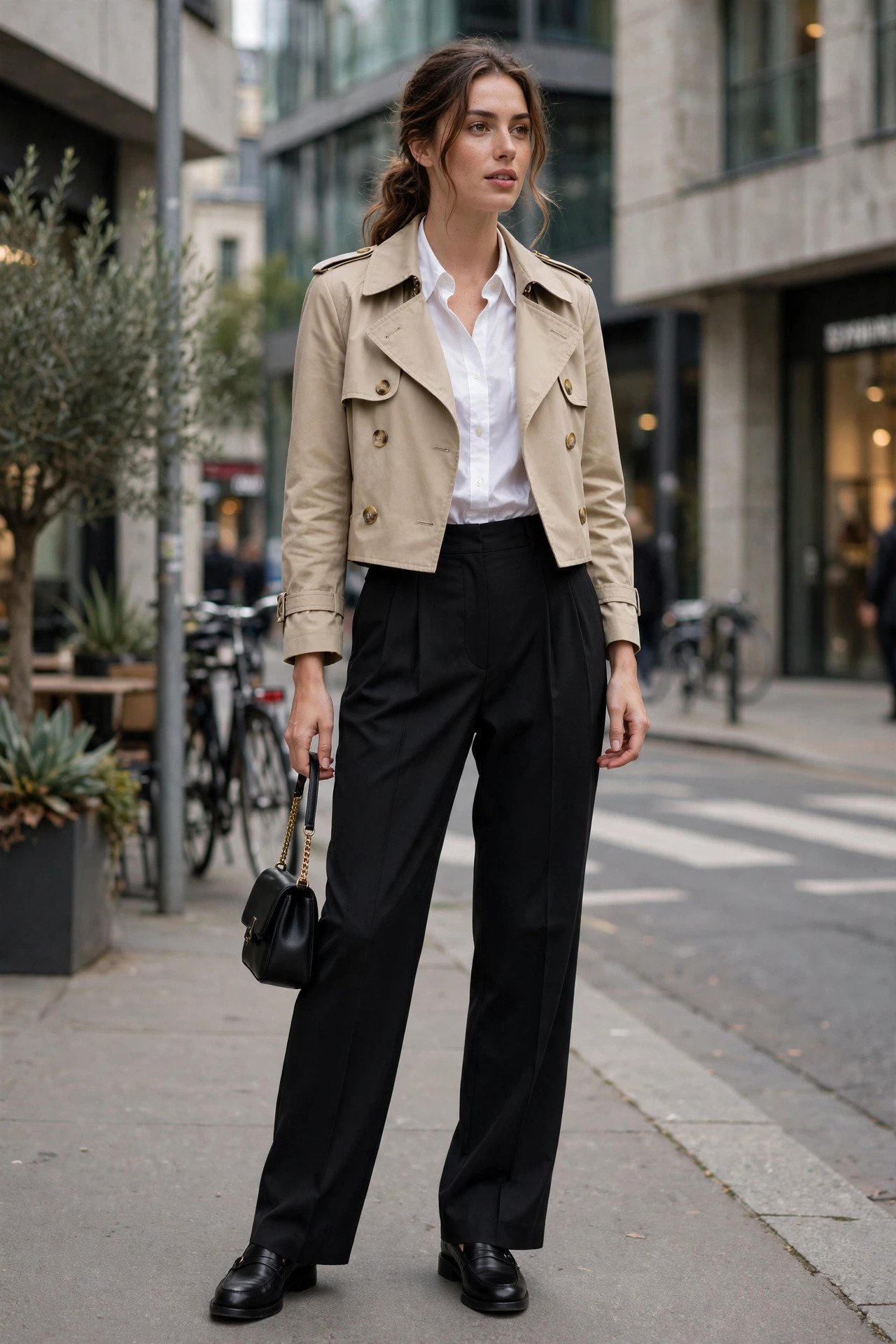 Woman in cropped trench coat with casual jeans