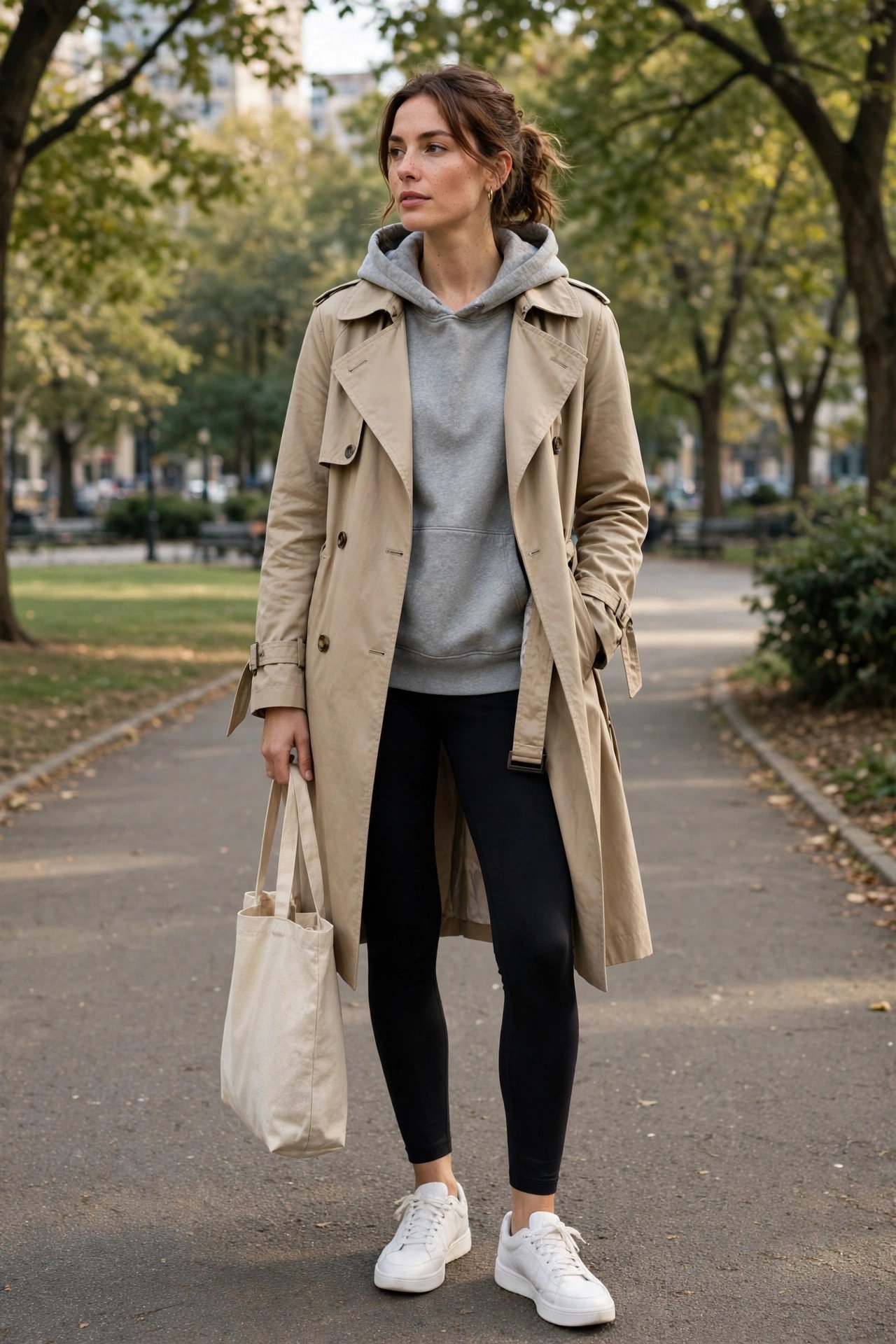 Woman in trench coat with casual jeans outfit