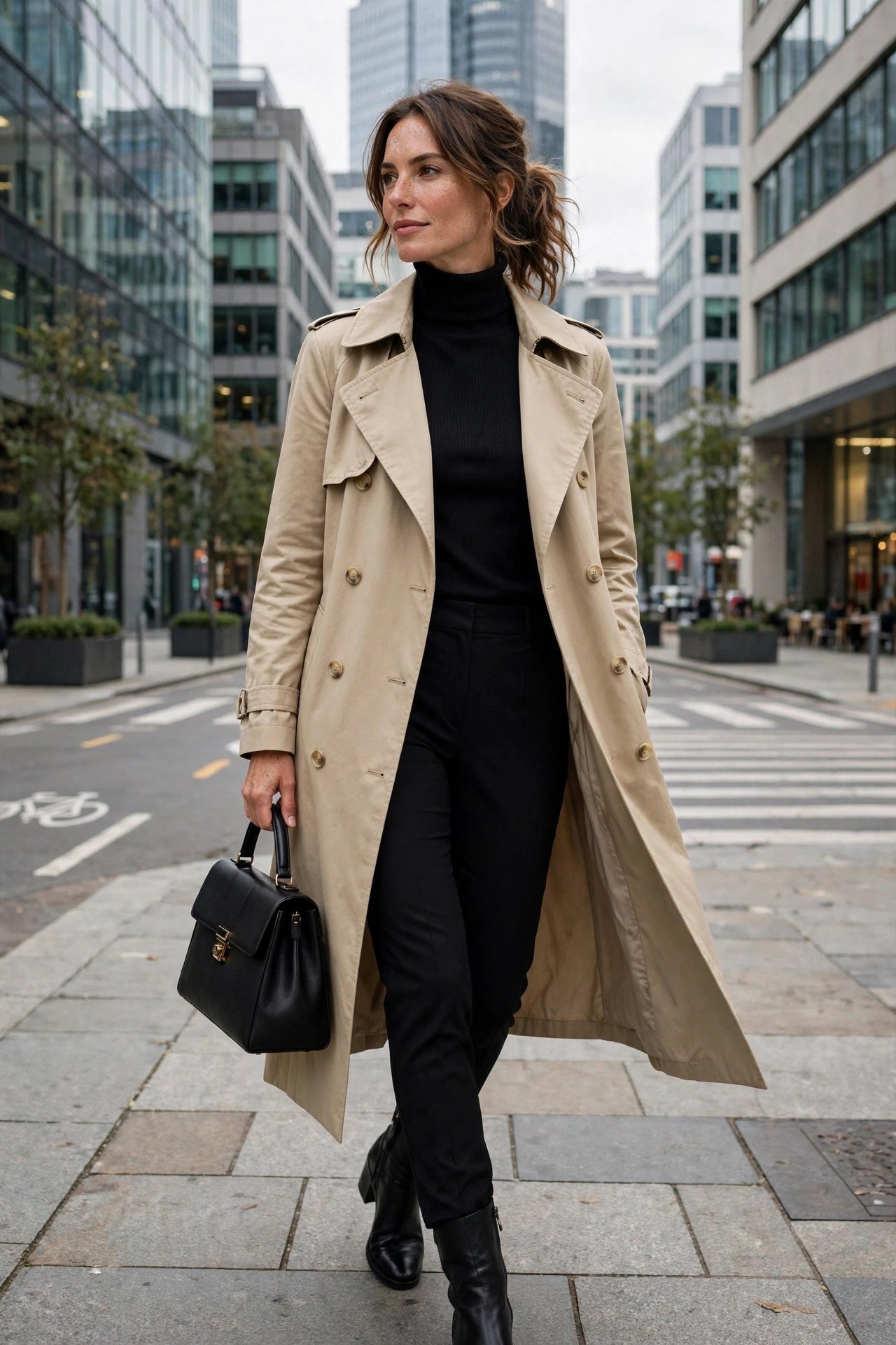 Woman styling trench coat with casual layers
