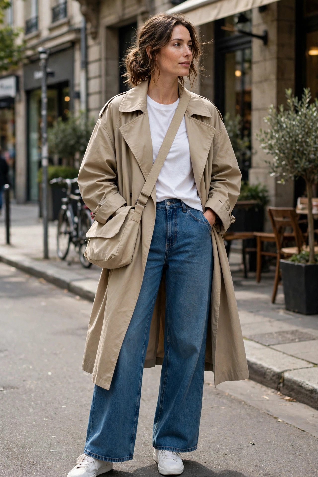 Oversized trench coat over wide jeans street style
