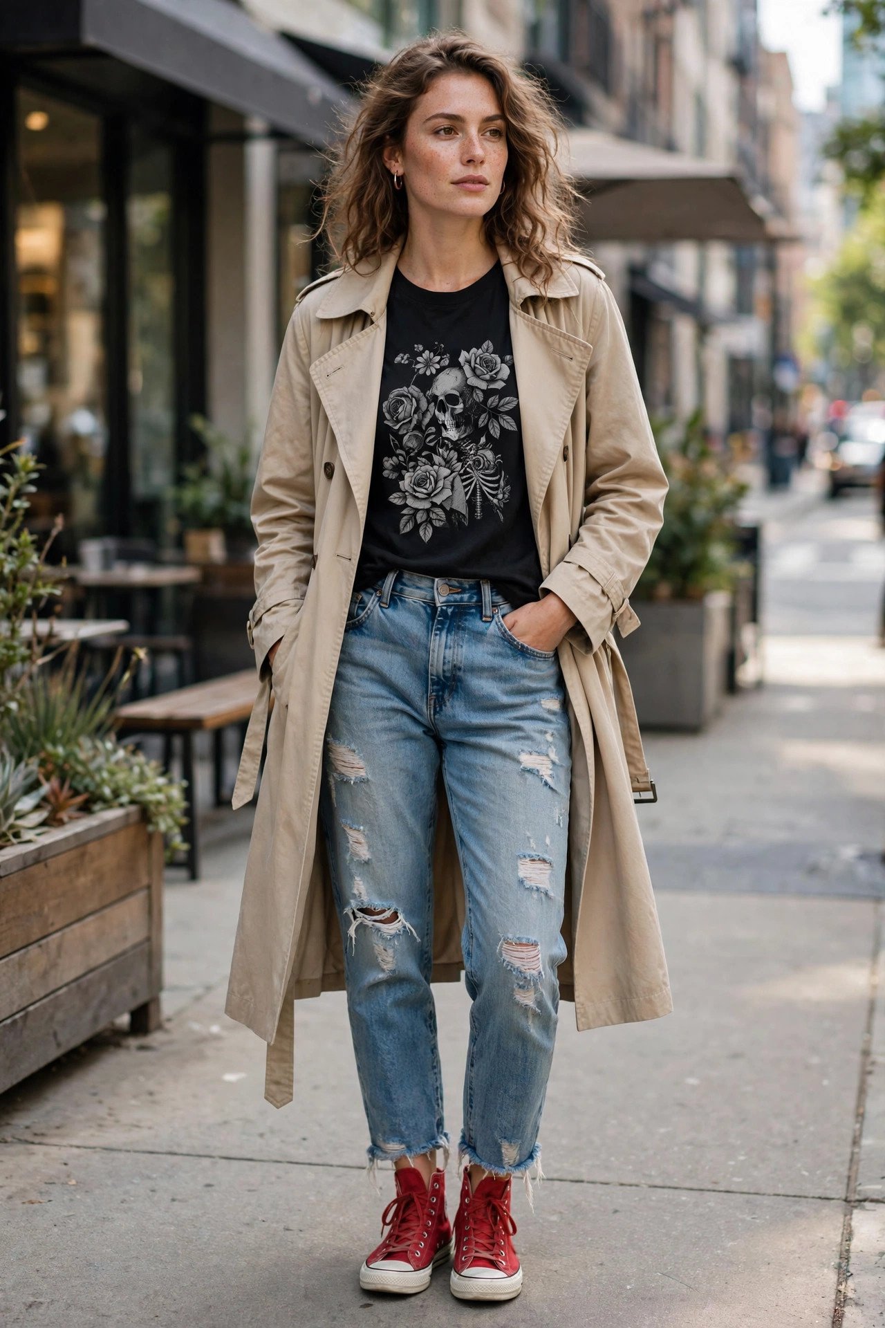 Casual trench coat outfit with jeans and sneakers