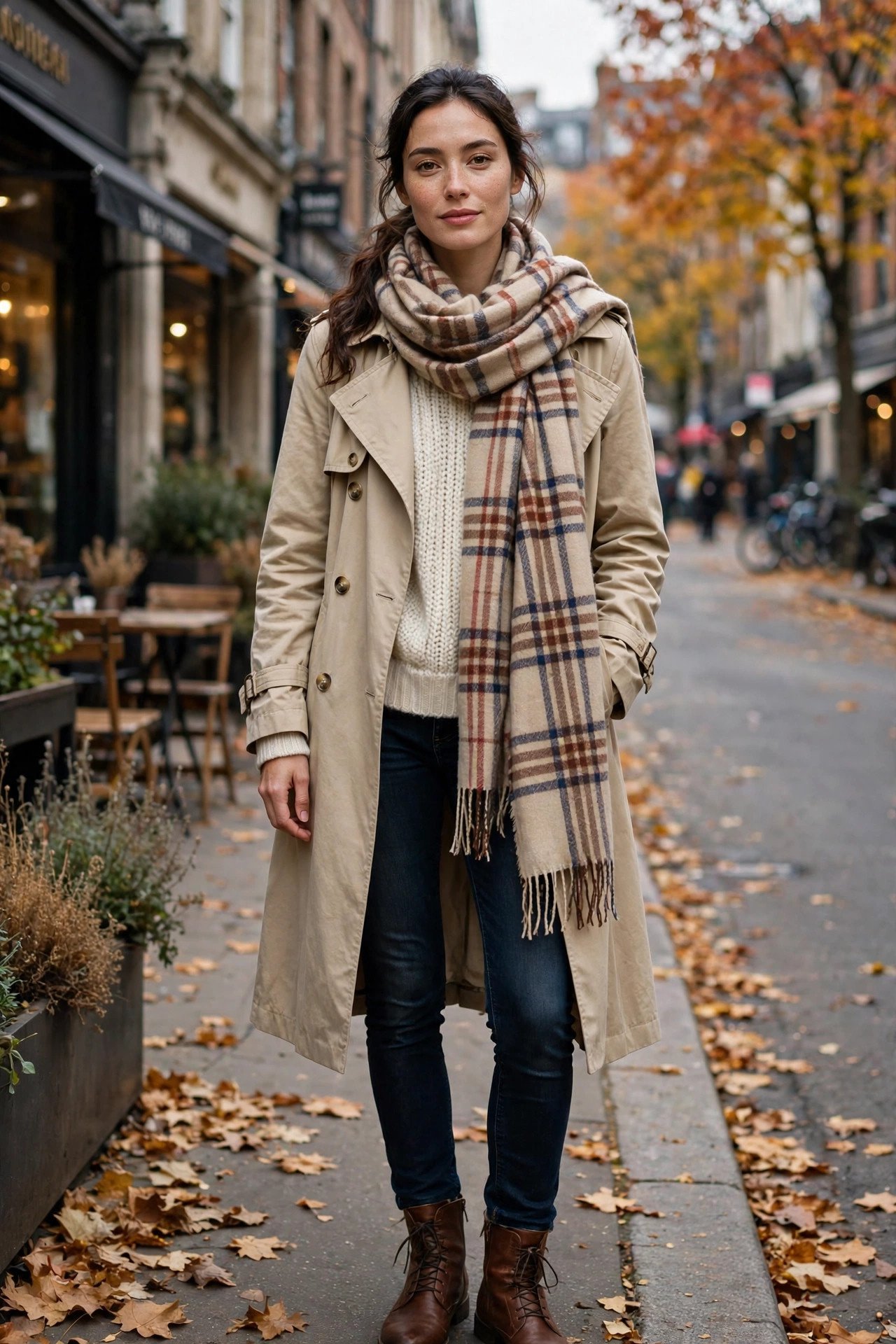 Trench coat layered with scarf for fall